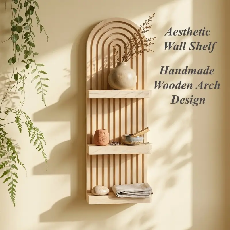 1 Piece Artistic Solid Wood Vertical Slat Arched Wall Mount Shelf, Handmade Boho Wooden Wall Decor Rack, Arch Shaped Racks for Living Room Bedroom Aesthetic Display Decoration