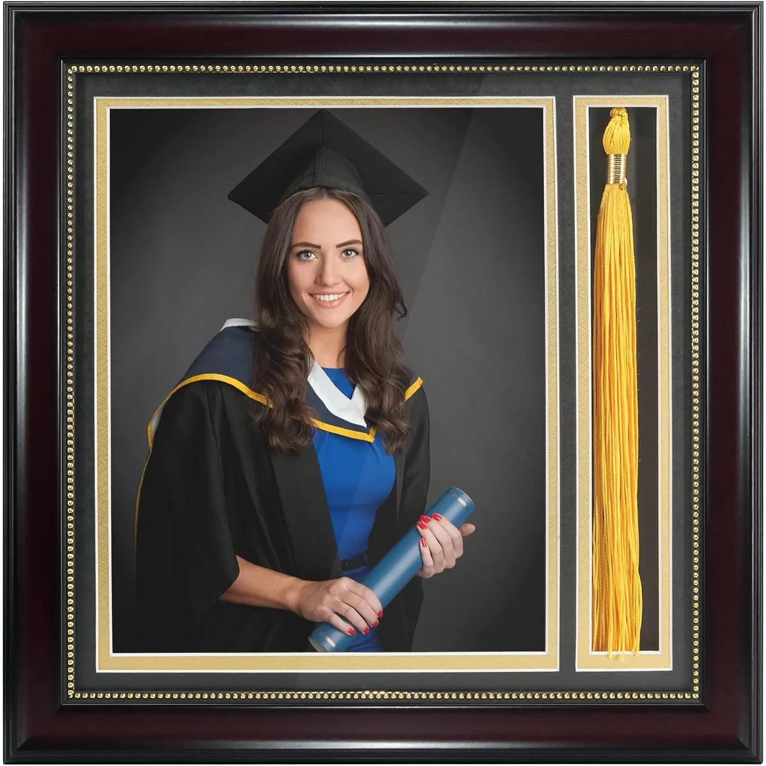 Graduation Photo Shadow Box Frame with Tassel Holder for 8x10 Pictures, Real Glass, Black Over Gold Double Mat, Wall & Tabletop DesignGift