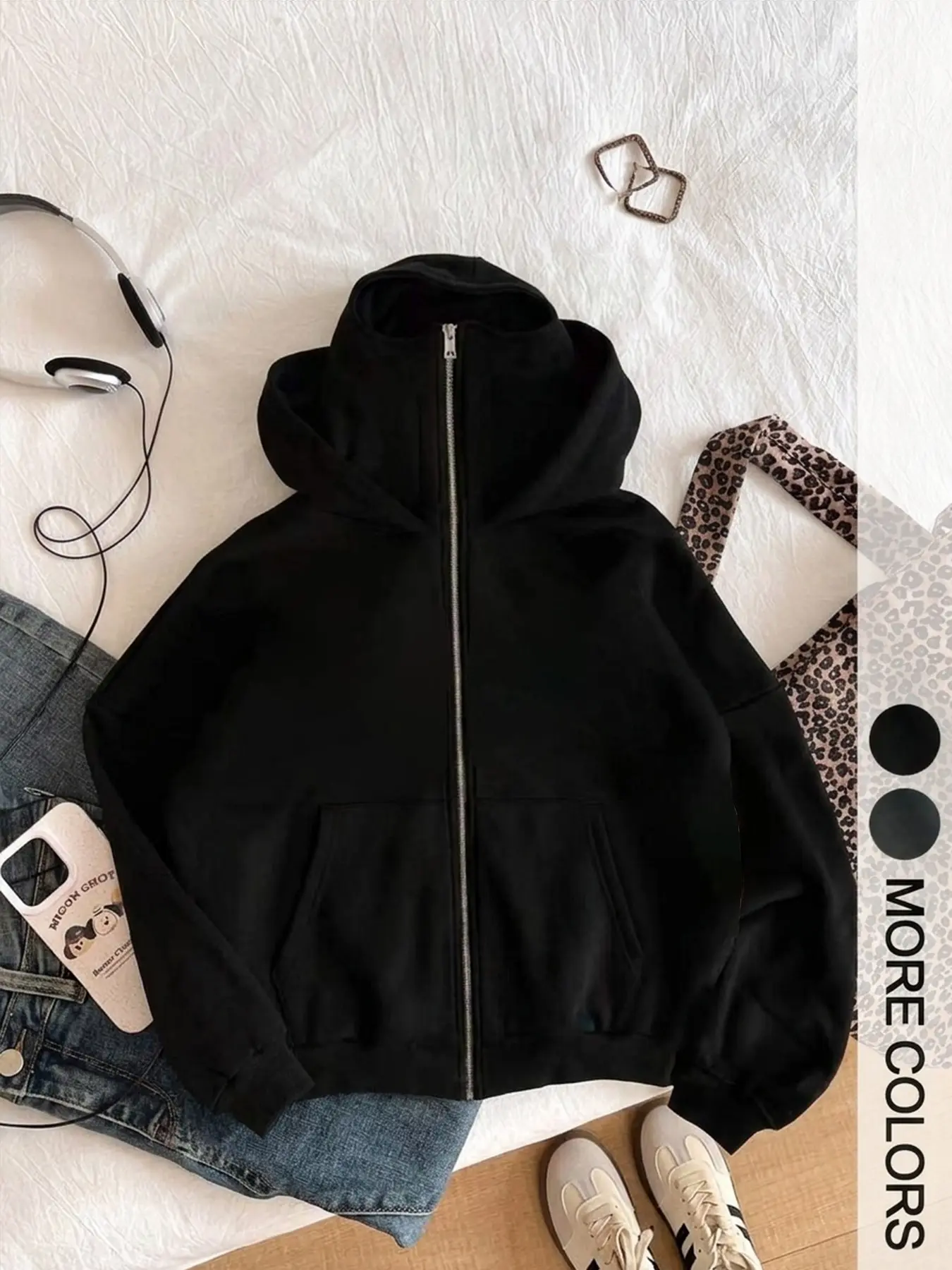 Women's Basic Plain Half-Height Neck Zipper Hooded Short Sweatshirt, Loose-Fit Drop Shoulder Casual Outerwear, Fall & Winter Fashion