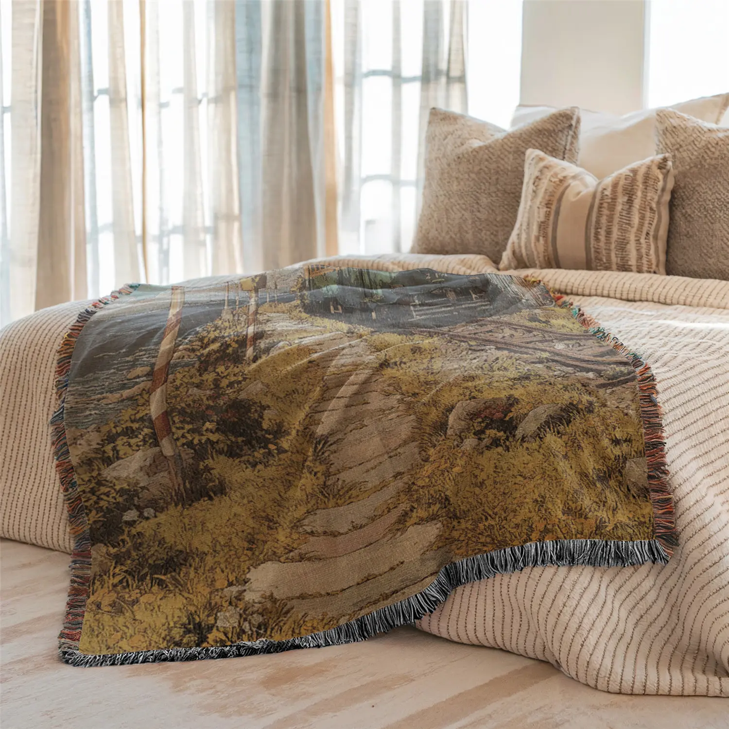 Multi-Function Tassel Woven Blanket Train Pattern Bed Blanket, Also for Sofa Cover Couch Decorative Throw Blanket Armchair Home Decor Room Wall Art Tapestry Furniture Slipcover Tablecloth Shawl Outdoor Picnic Camping Beach Towel Office Nap Hippie