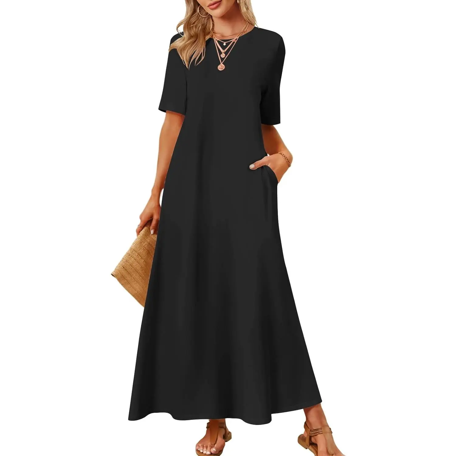 Women's 2026 Summer Casual Maternity Maxi T-Shirt Dress - Crew Neck, Short Sleeve, Modest, Cute, with Pockets, Baby-Friendly Casual Wear, Tshirt, Minimalist, Garment, Flat, Half Sleeve, Swing, Short Sleeves, Ankle
