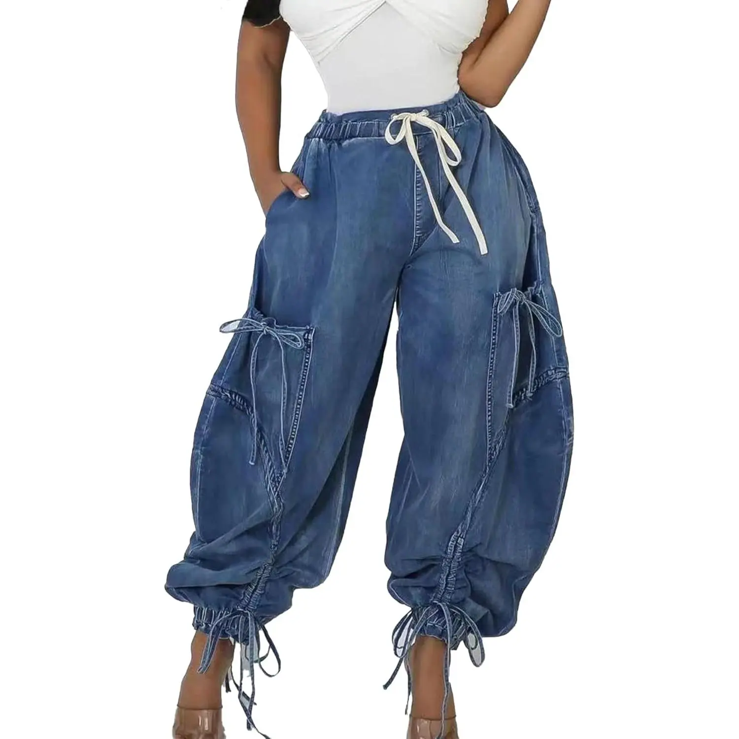 Women's Baggy Elastic Waisted Jeans Drawstring Cargo Denim Pants Harem Pants Streetwear