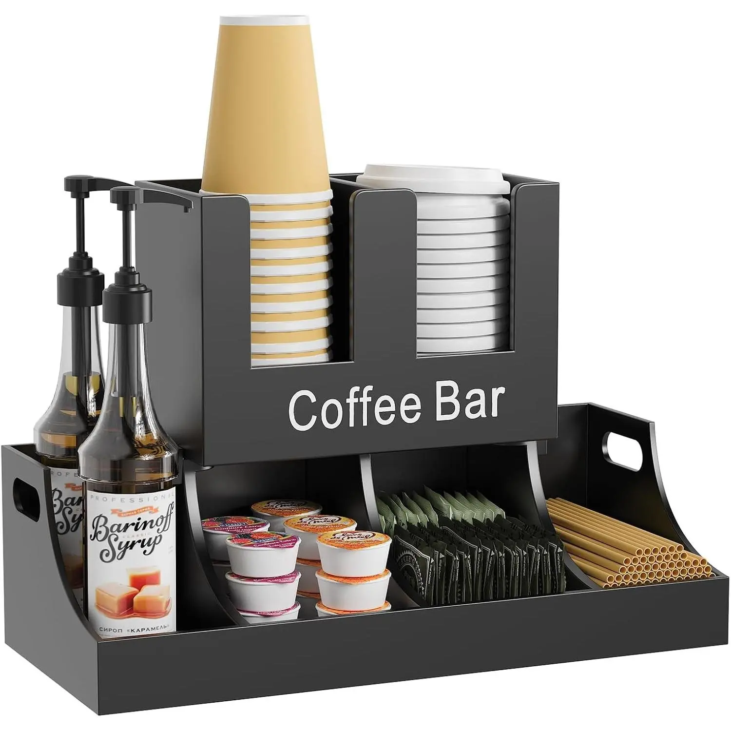 Wooden Coffee Station Organizer for Countertop, Condiment and Cup Storage, Bar Accessories for Kitchen, Office, Home, Black