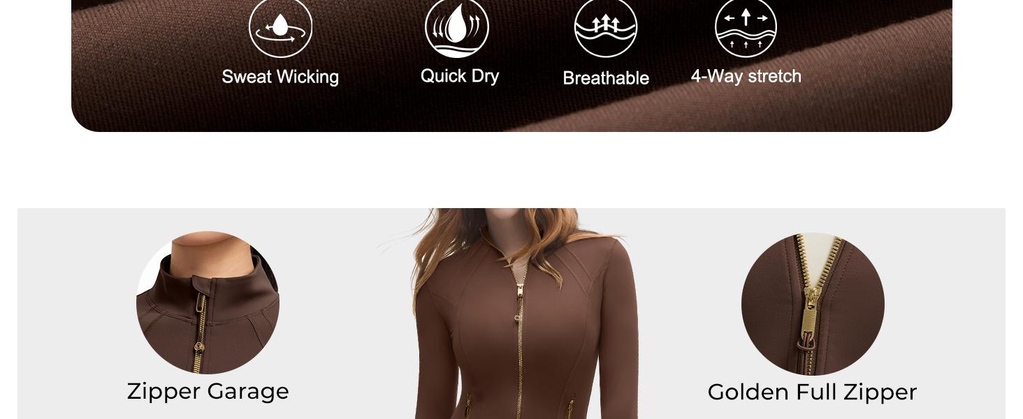 Women Golden Full Zip Up Workout Cropped Jackets Lightweight Athletic Yoga Tops