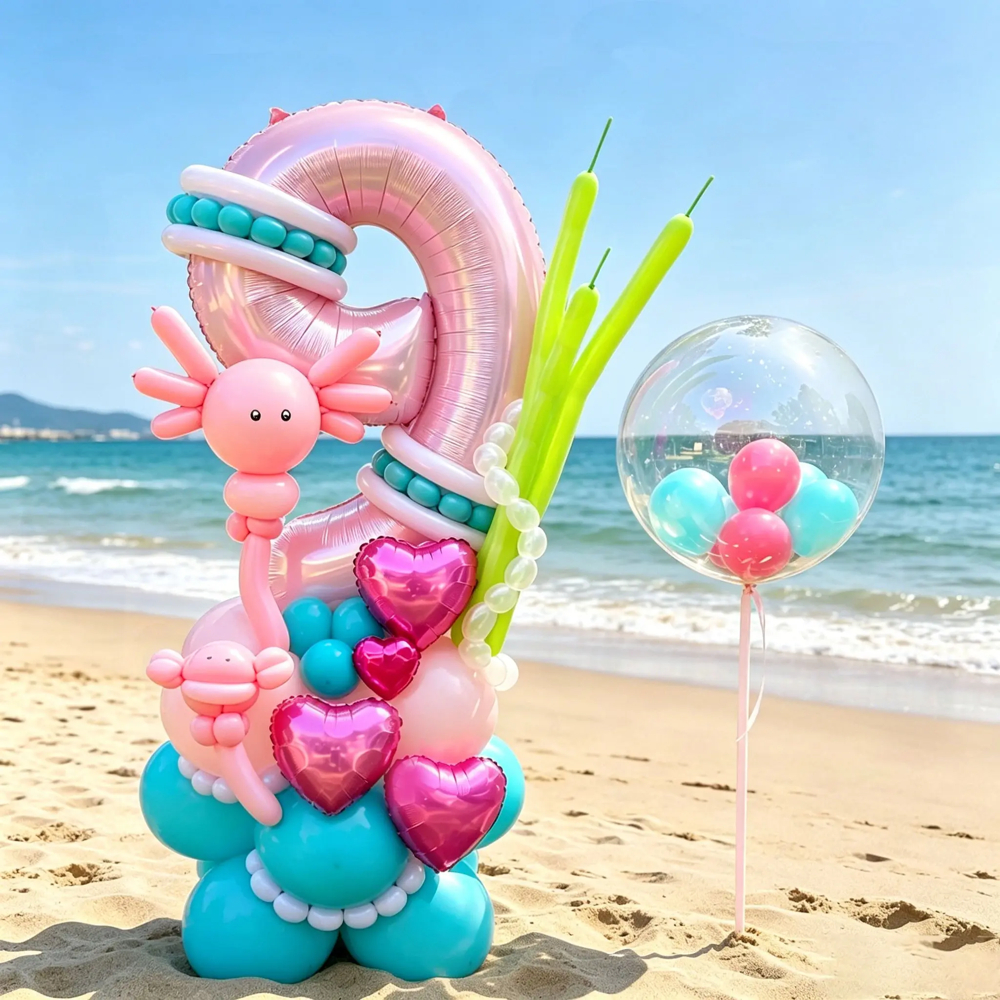 53-Piece Newt-Shaped Number Column Balloon Set, Includes 32-Inch Pearl Color Aluminum Foil Balloons, Heart Balloons, Multicolor Long Strips, Party Balloons