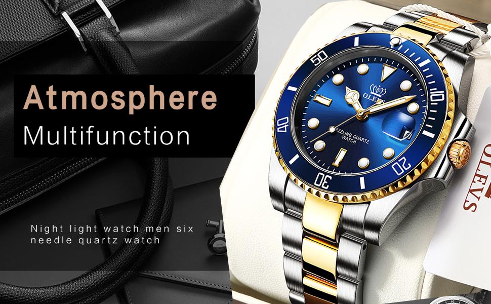 Men's Luxury Dress Watch Blue Dial 40mm Stainless Steel Band Rotating Quartz Analog Waterproof Luminous Big Face Boss Wrist Watch Springtok