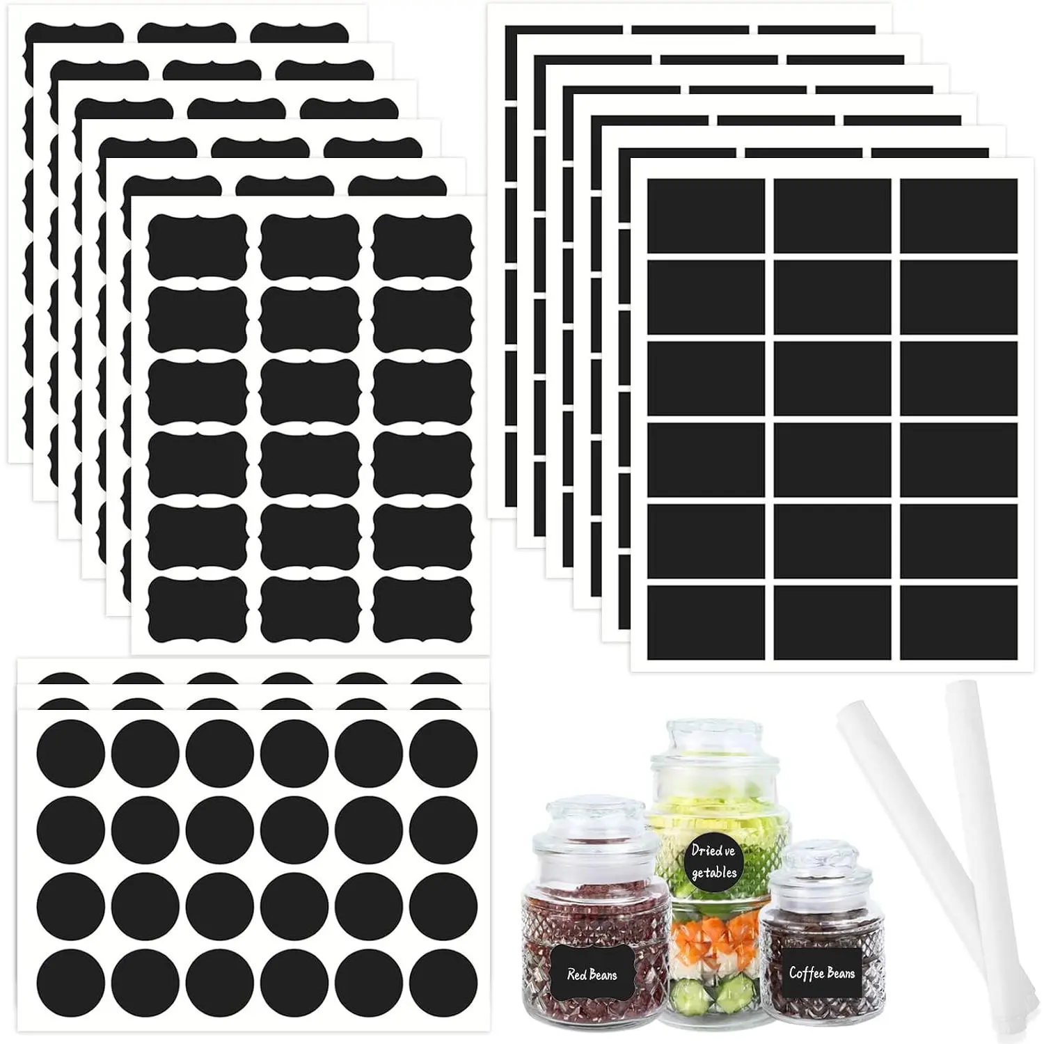 290 count Chalkboard Labels,Removable Blackboard Label Stickers,3  Shapes,with 2 White Chalk Marker,Erasable   Label for Storage Bin, Container,Mason Jars,Jars