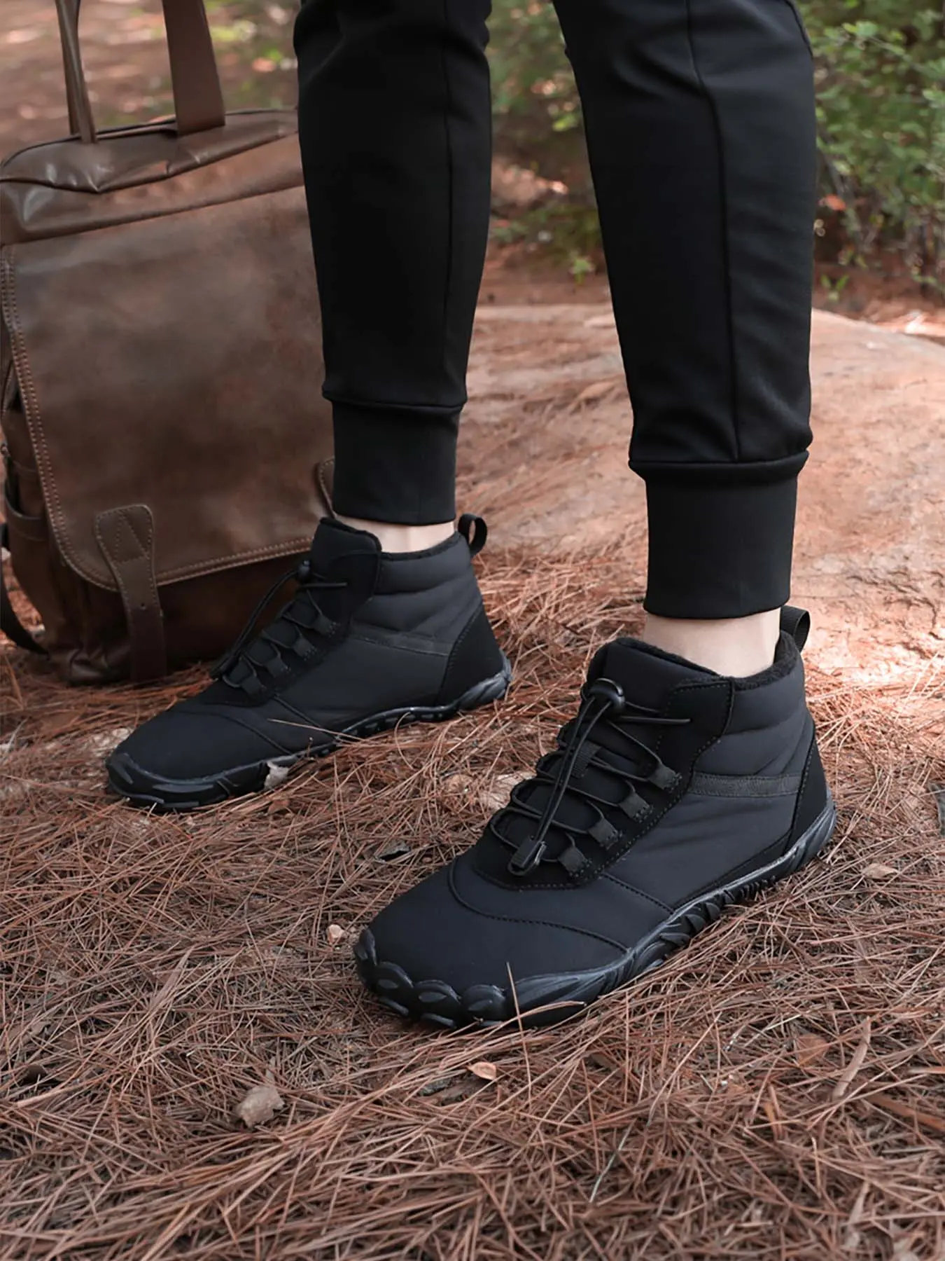 Men’s Fleece Lined Warm Barefoot Snow Boots, Wide Toe Box Zero Drop Quick Slip-On Lock Drawstring, Water Resistant Non-Slip Winter Ankle Boots for Commute & Trail Hiking