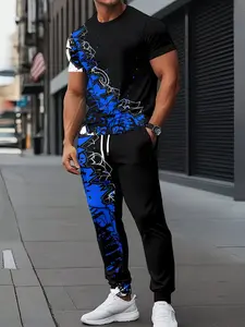 Men's Graphic Short Sleeve Tee and Long Pants Set, Casual Loose-Fit Spring & Fall, Fashionable Sporty Two-Piece Ensemble