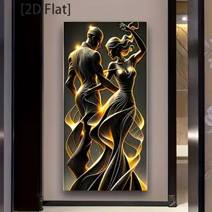 2D flat/1 piece Abstract couple wall, printed canvas painting, modern golden and black love-themed canvas painting, suitable for decoration in bedrooms, living rooms, and corridors.