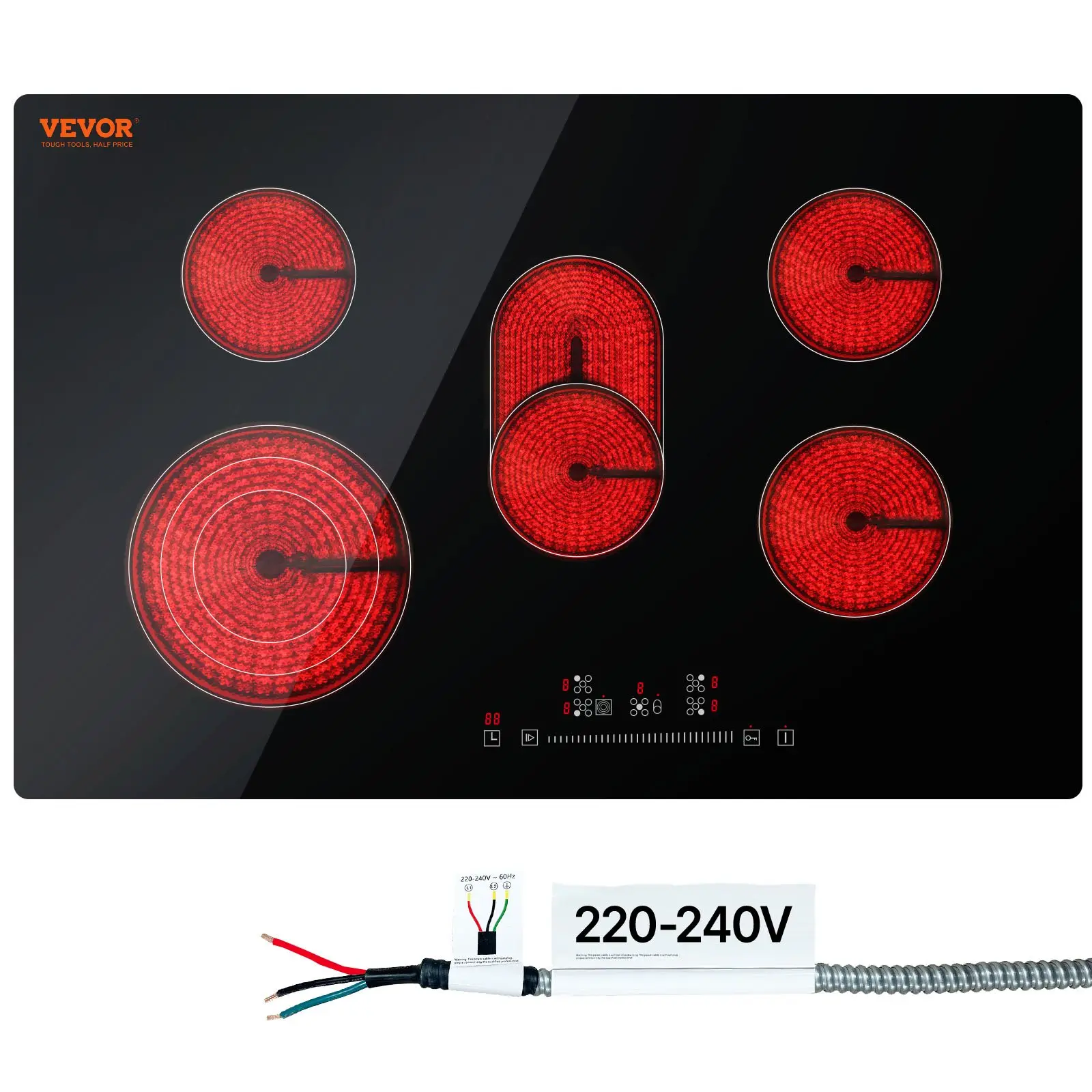 【Summerfinds】VEVOR 30" Size Built-In Electric Glass Top Stove, 30.3x20.5 Inch 5 Burners, 240V Plug Radiant Cooktop with Sensor Touch Control, Timer, Child Lock, 9 Power Levels for Simmer Fry, Programmable Slow Cook