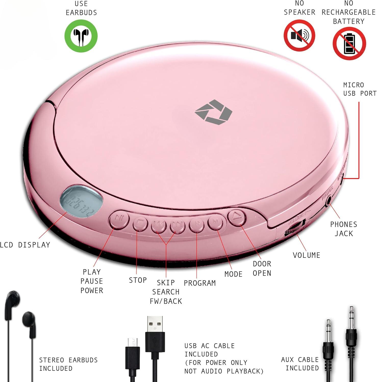 CD Player Portable with 60 Second Anti Skip, Stereo Earbuds, Includes Aux in Cable and AC USB Power Cable for use at Home or in Car.Pink CD Player Portable with 60 Second Anti Skip, Stereo Earbuds, Includes Aux in Cable and AC USB Power Cable for use at Home or in Car.Pink