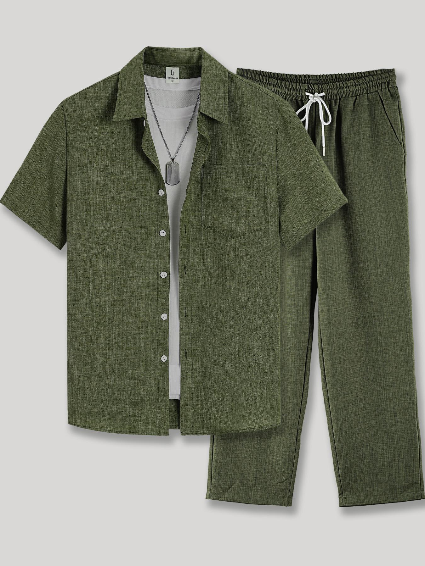 Men's Solid Button Shirt & Drawstring Waist Pants Loungewear, Menswear Loose Casual Comfy Short Sleeve Collared Top & Trousers Pajama Set, Men's Sleepwear for Summer Pjs