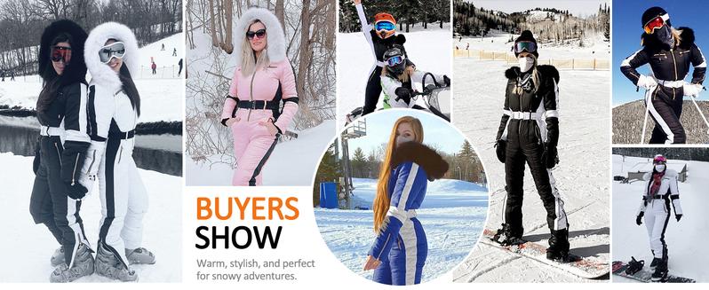 Yousify Womens Snow Suits Winter Ski Suit Onesie Outdoor Sports Waterproof Snowsuit Removable Faux Fur Collar Coat Jumpsuit