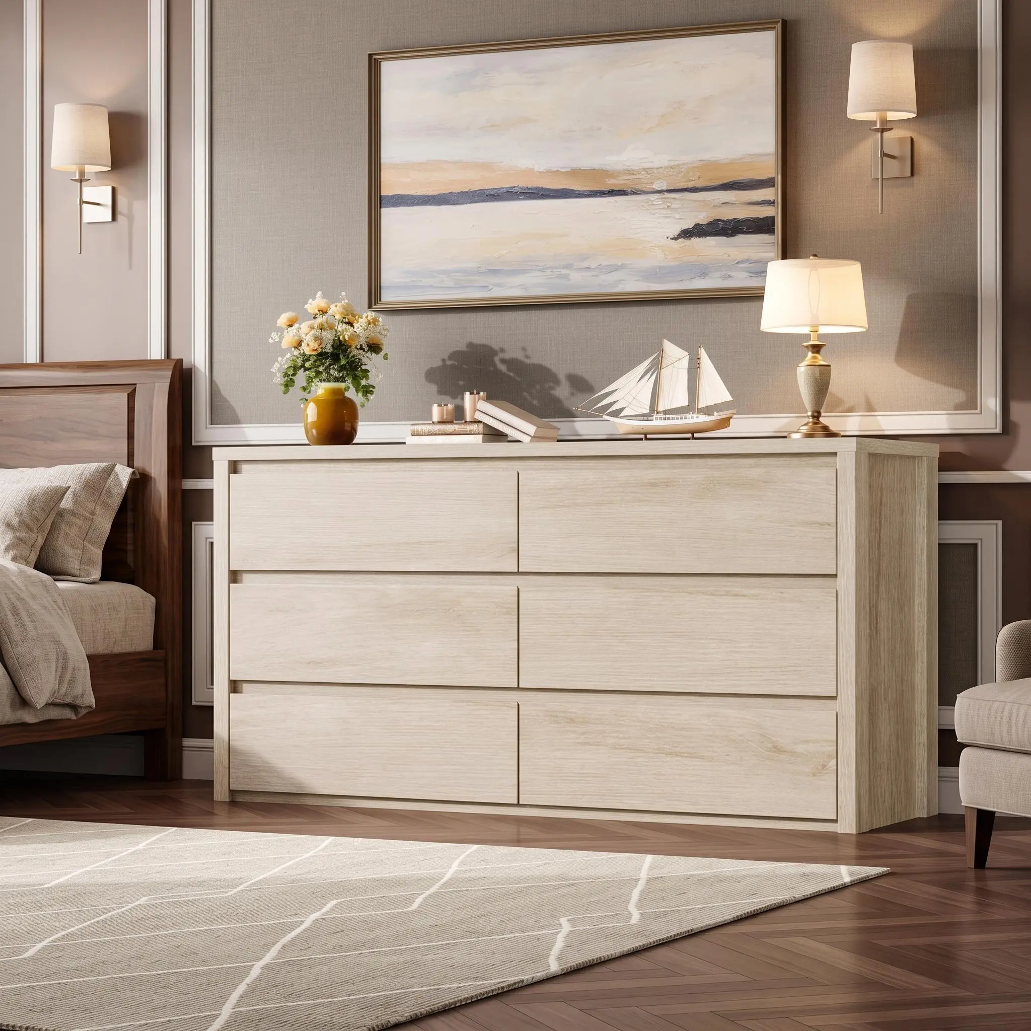 Modern Handle-Free 6 Drawer Dresser for Bedroom - Wide Wood Storage Chest with Deep Drawers - Spacious Cabinet for Living Room, Entryway, or Hallway - Versatile Storage