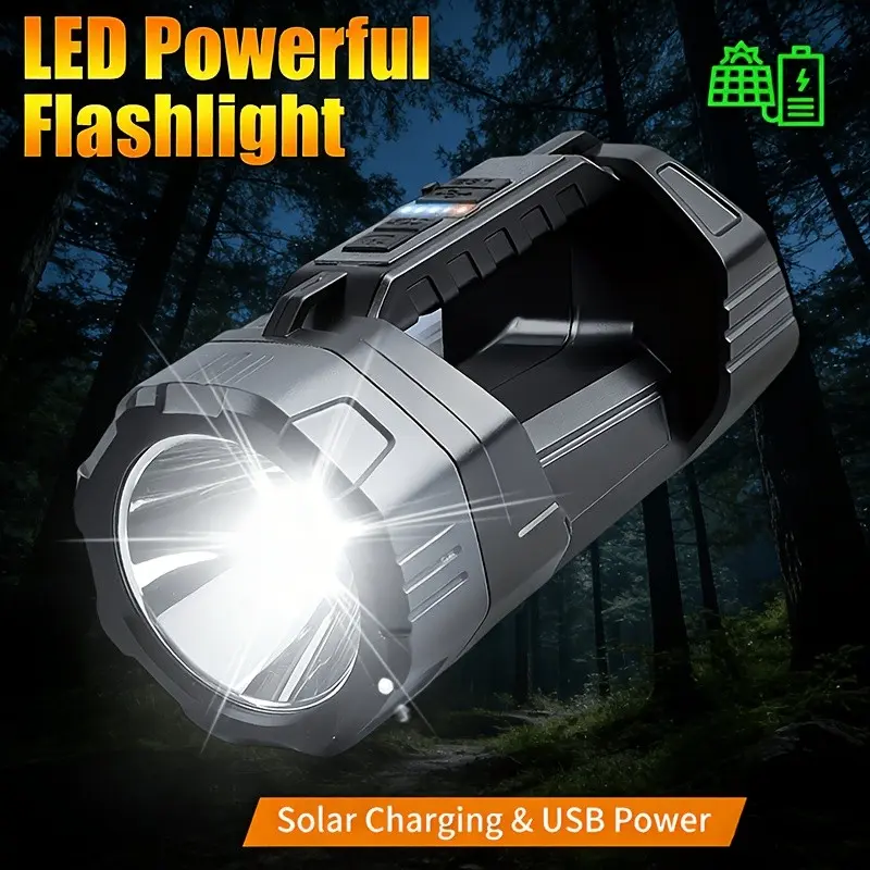 Dual Mode Solar Flashlight, Handheld High-Power Spotlight, COB Side Light, Multiple Lighting Modes, USB+solar Charging, Suitable for outdoor activities, camping, hiking, fishing, work, maintenance, emergency response, and many other tasks.