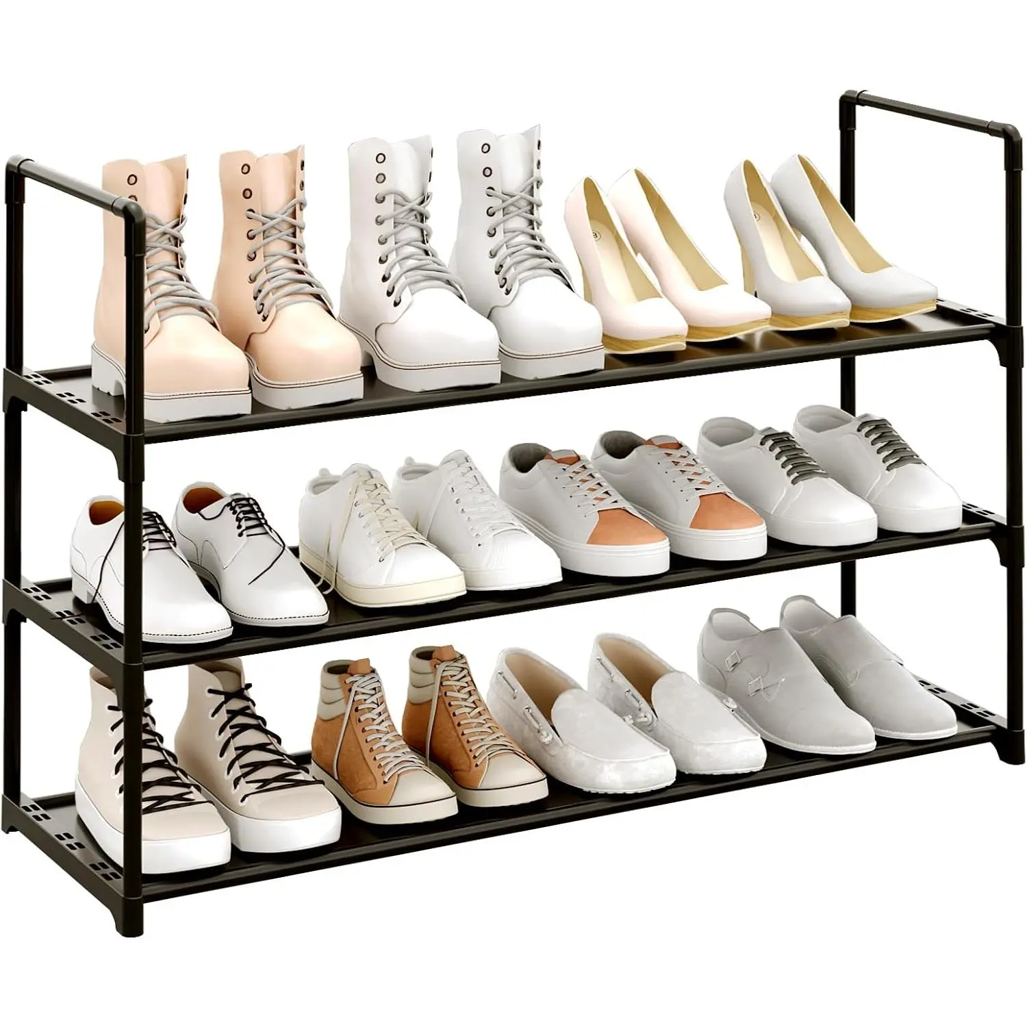 3-Tier Shoe Rack, Stores 12-15 Pairs of Shoes, Stackable & Adjustable, Space Saving Shelf Storage Organizer for Entryway, Hallway and Closet,Black