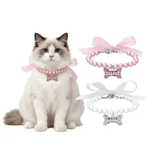 Pearl & Rhinestone Pet Necklace with Bone Pendant – Adjustable Light Luxury Collar for Small Medium Dogs Cats Kitten Kitty Chihuahua Accessories – Pink/White DIY Ribbon Wedding Party Daily Jewelry