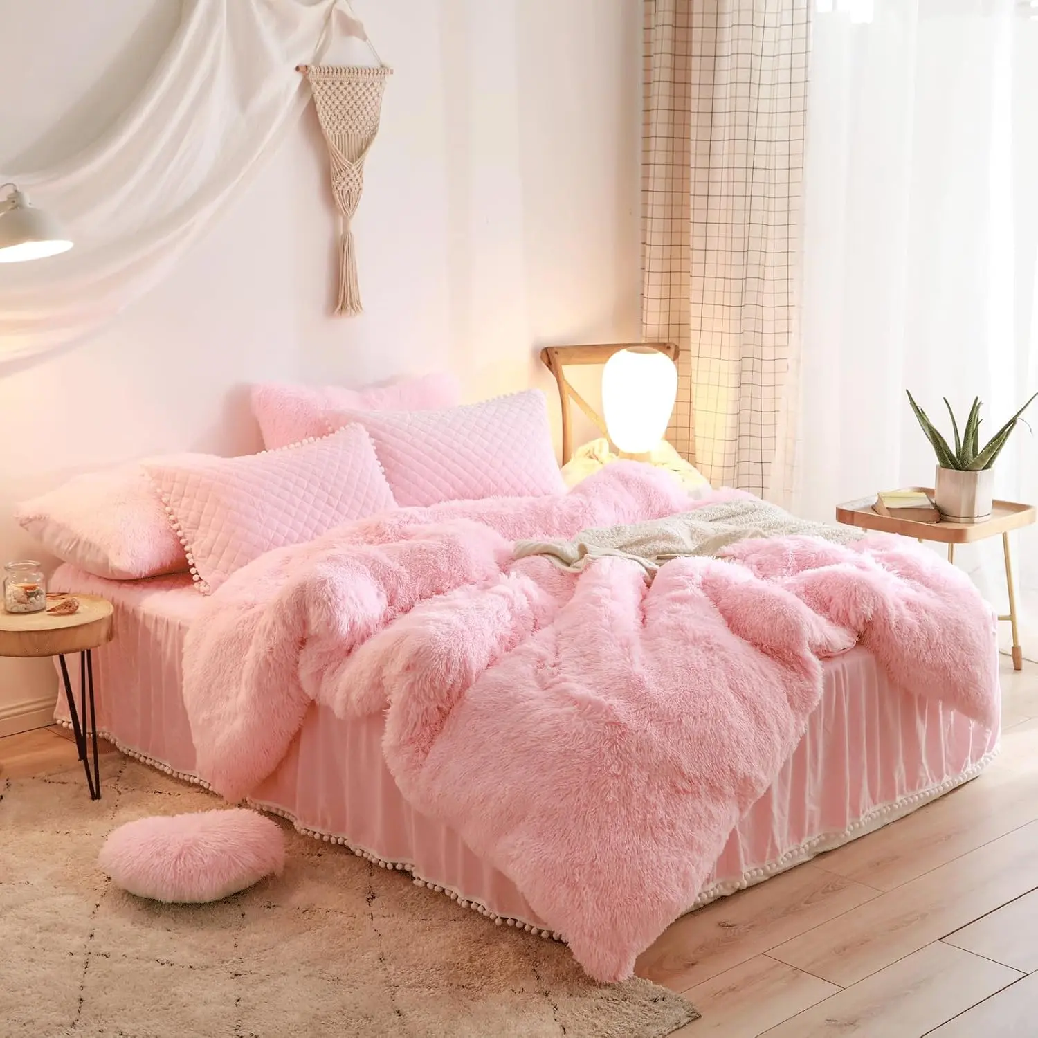 Pink Comforter Set, Plush Shaggy Duvet Cover 1 Pieces Set (1 Faux Fur Duvet Cover) Velvet Pink Bedding Twin Bed Set,Zipper Closure (Pink, Twin)