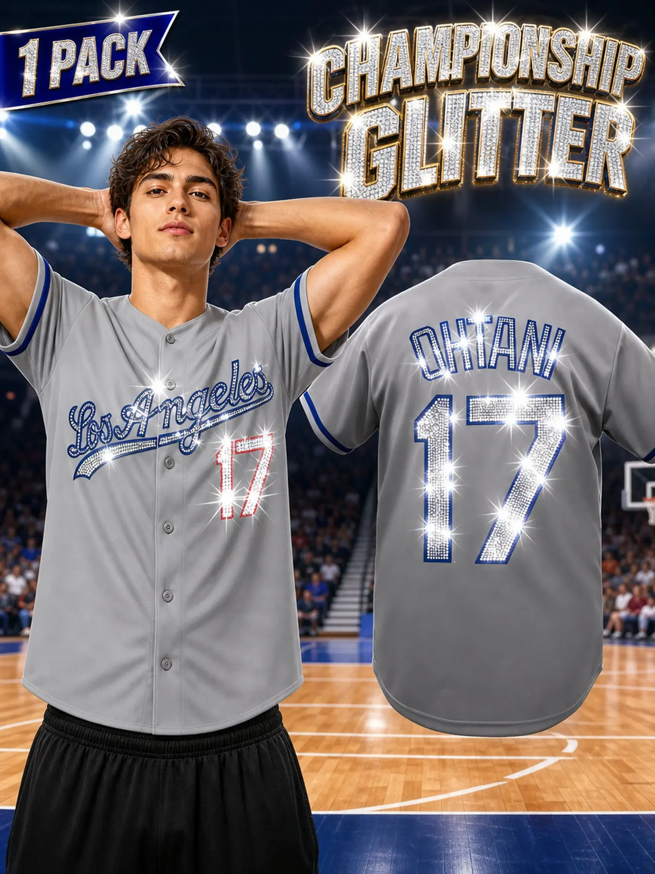 KTYSDE Men's Los Angeles 17 Rhinestone Baseball Jersey,Short Sleeve Button Down Glitter Baseball Shirt, Casual Sports Athletic Streetwear Uniform for Party Daily Wear, S-3XL, Embroidered Sportswear Top