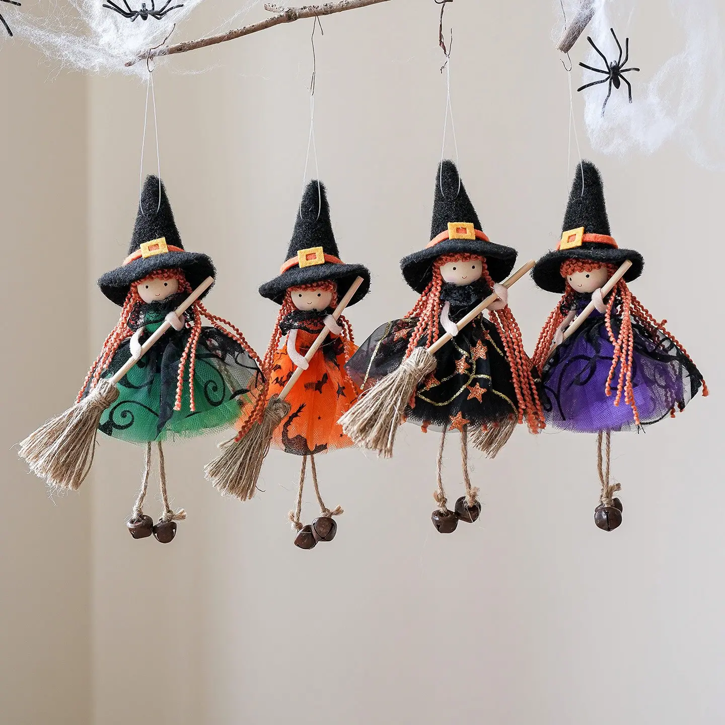 4-Piece Hanging Witch Doll Set with Broom, Halloween Mini Witch Figurine with Tutu, Kitchen Witch Doll for Good Luck, Halloween Door Window Decor
