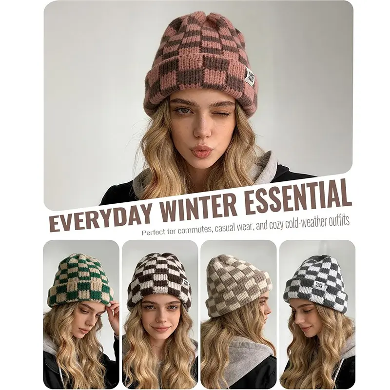 Unisex Checkered Cuffed Beanie, Cozy Red & Green Plaid Knit Winter Hat with Logo Patch, Thermal Fold-Over Skull Cap for Festive Holiday Season