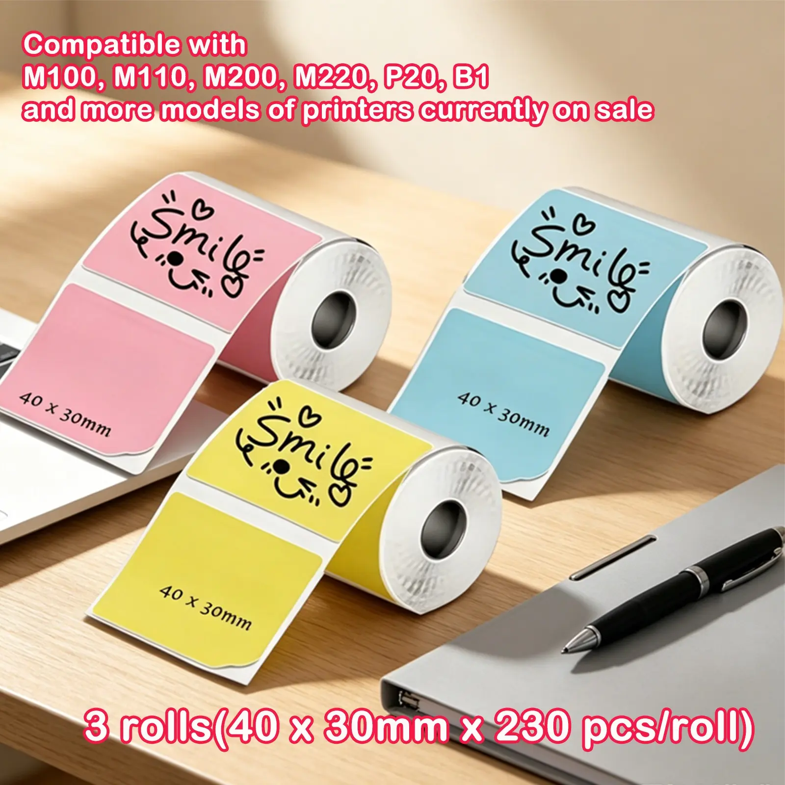 40 X 30mm Colorful Label Paper, Waterproof Oil-Resistant, Handwritten with Marker, Compatible with M110/m220/m200 Printers, 3 Rolls, Printer Sticker Paper, Office Supplies