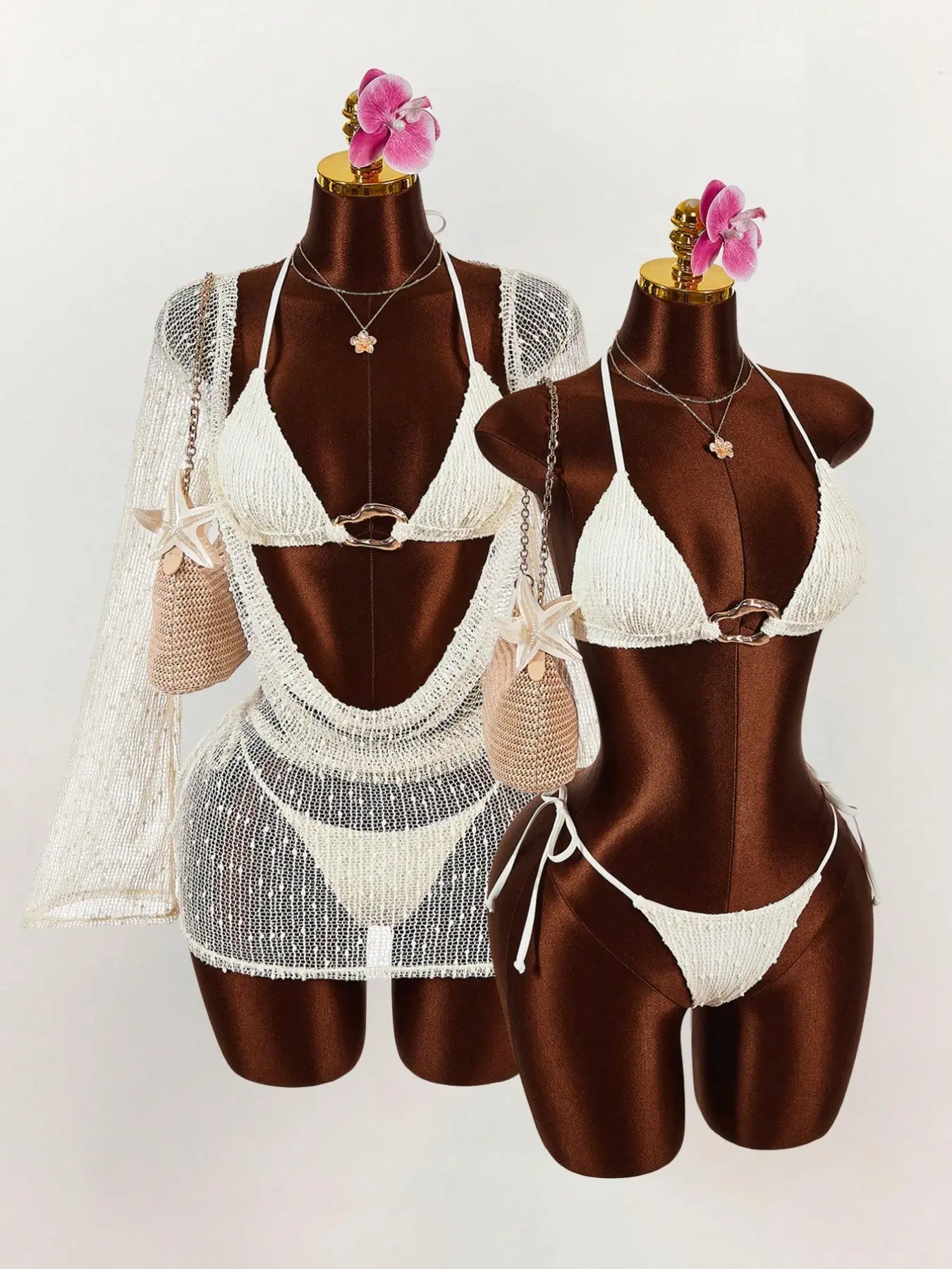 2026 New European Style Three-Piece Swimsuit Set, Sun Protection Long Sleeve Cover-Up, Pearl Bikini, Push Up Bra, Lace Up Design