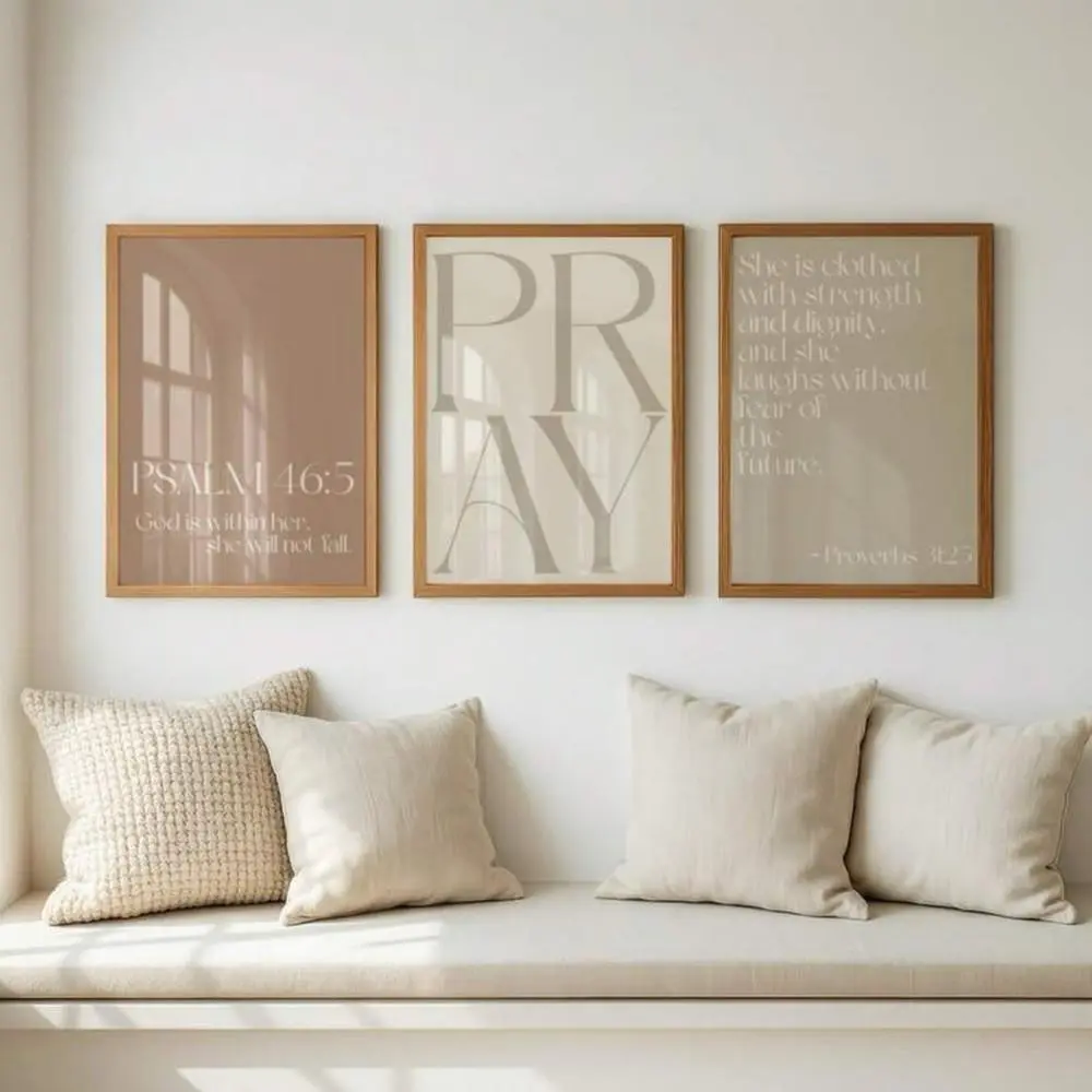 3 pieces Christian Bible Verse Wall Art Pious Faith Gift Modern Minimalist Style Soft Decoration Bedroom Background Wall Beautification New Home Arrangement Artistic Atmosphere Gallery Grade Quality Framed and Unframed Options
