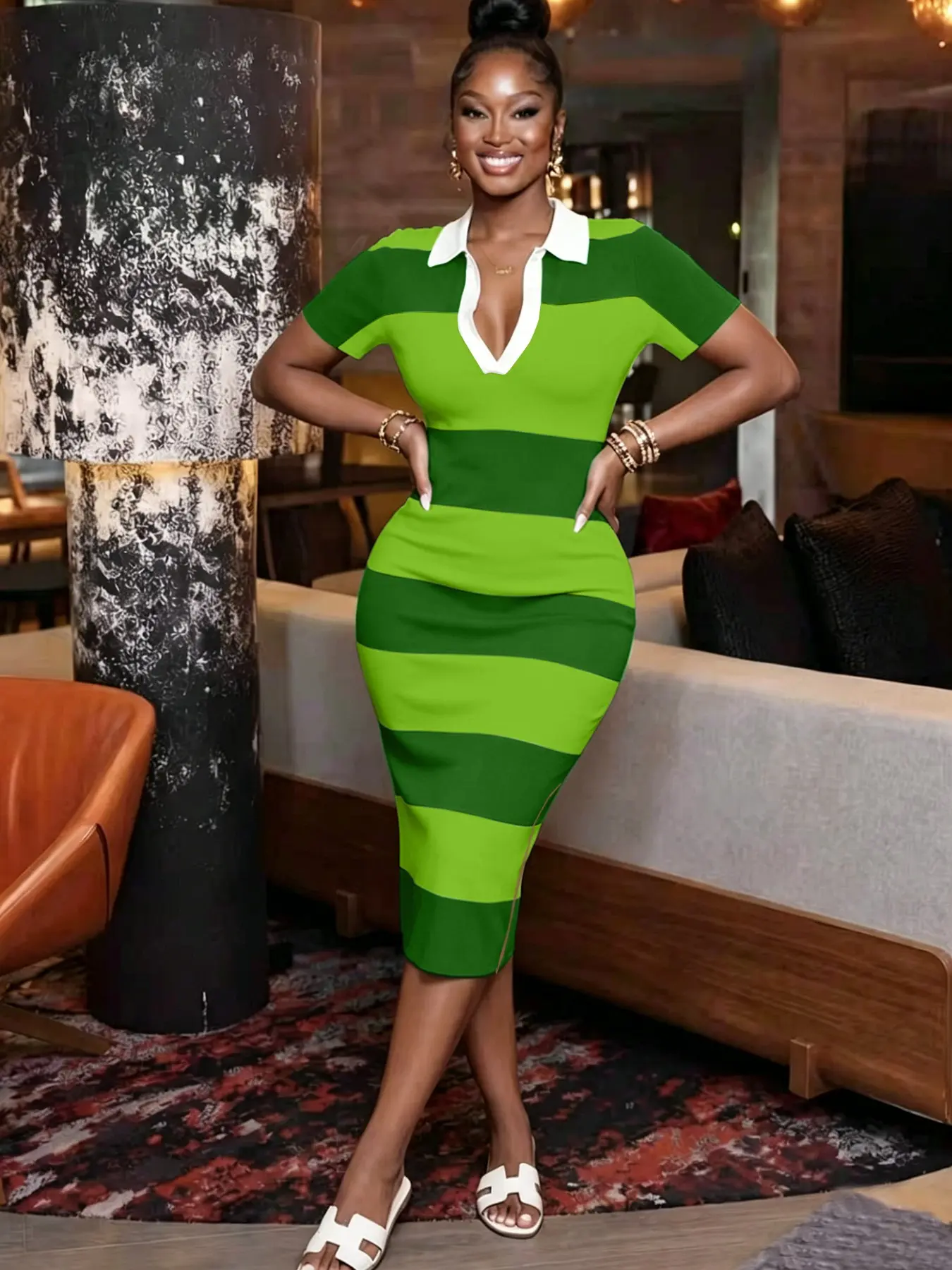 Elegant Women's Striped Patchwork Polo Neck Bodycon Dress, Casual Split Hem Short Sleeve Dress, Stylish and Comfortable Daily Wear