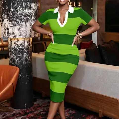 Elegant Women's Striped Patchwork Polo Neck Bodycon Dress, Casual Split Hem Short Sleeve Dress, Stylish and Comfortable Daily Wear, Everyday, Fashion Casual Stretchy