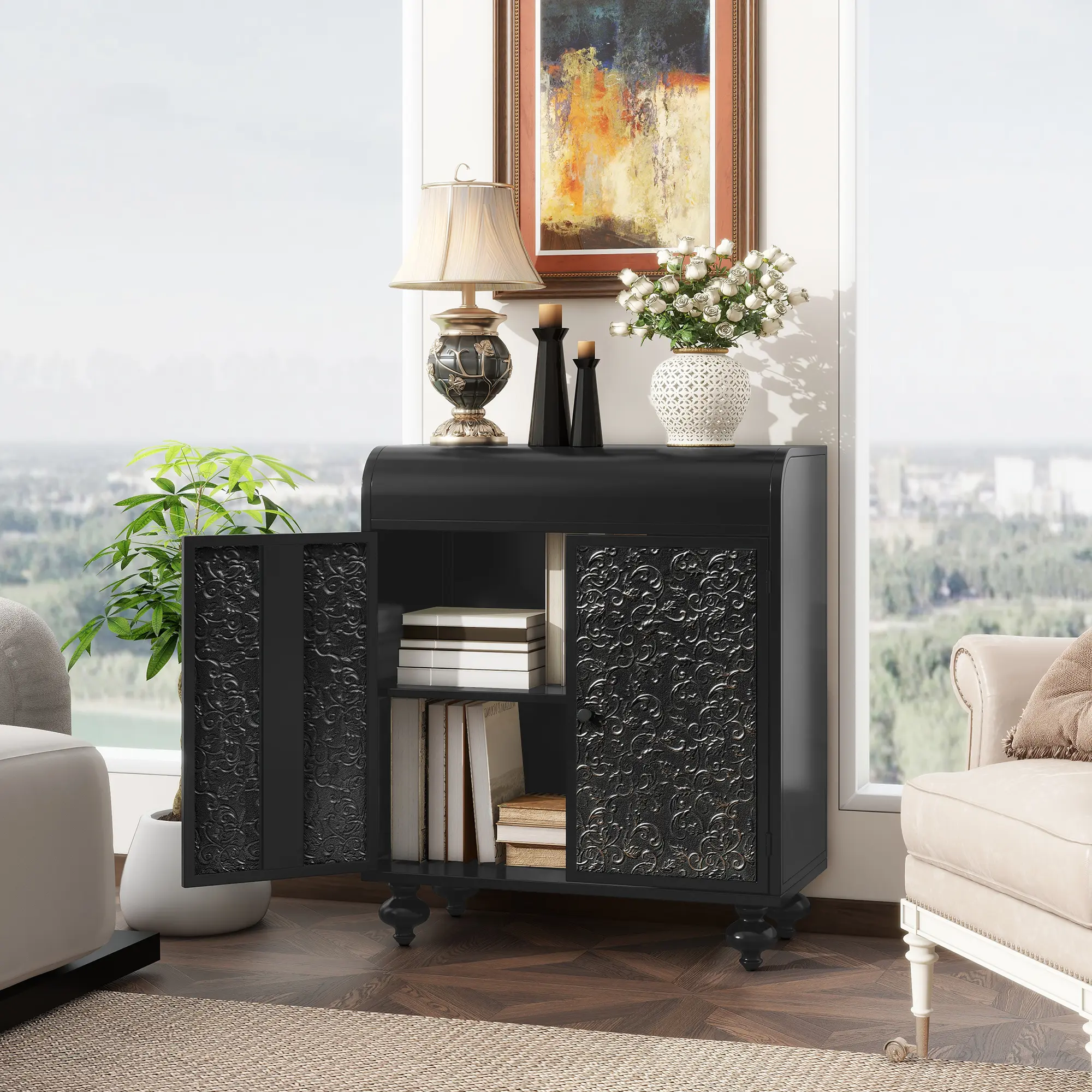 ARCH Art Accent Cabinet with 2 Doors Sideboard Buffet Cabinet Storage Distressed Decorative Storage Cabinet Embossed Pattern for Entryway Living Room Dining Room Home Furniture Organizer, Home Furniture and Household Product Search Terms