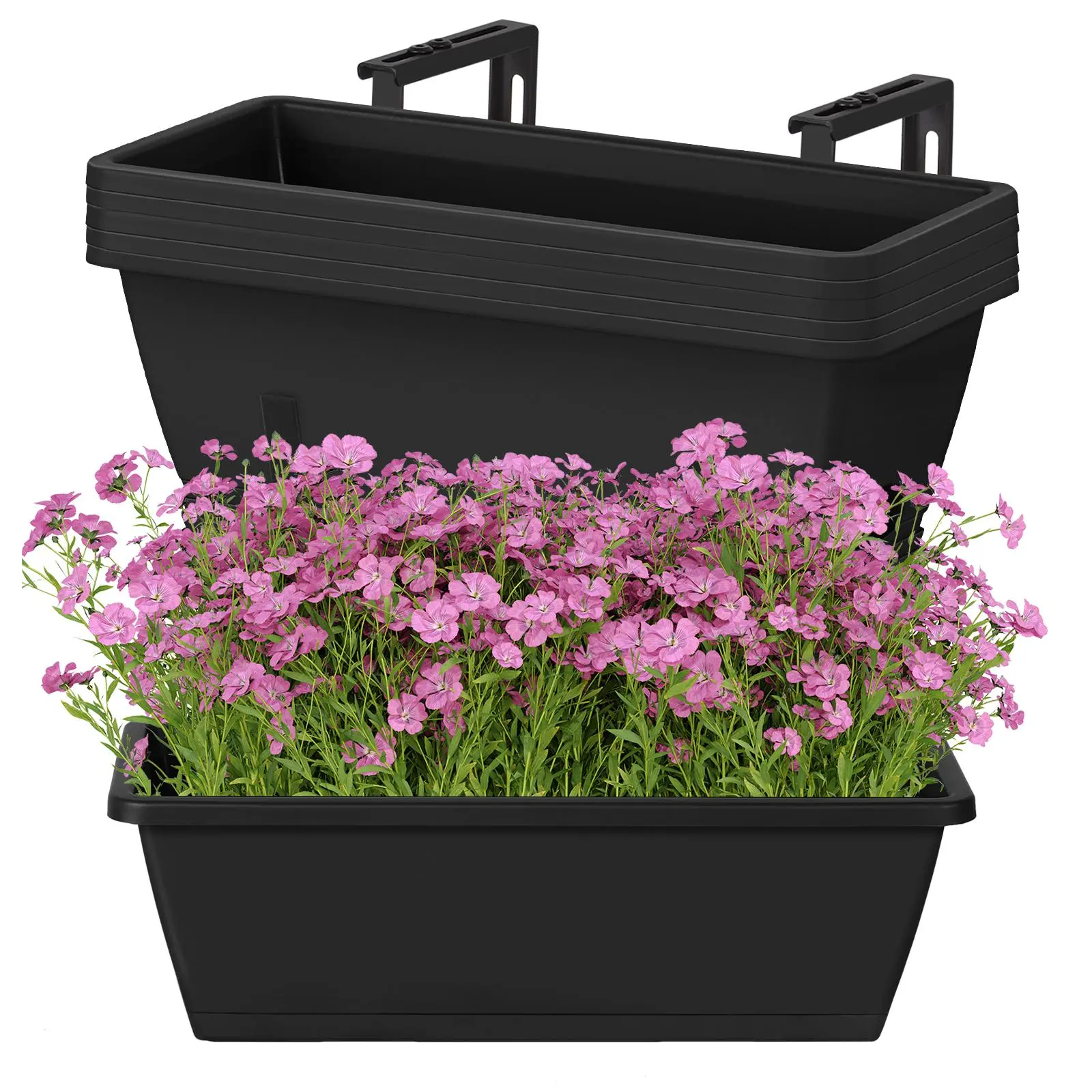 6-Pack Reusable Plastic Rectangular Window Box Planters with Adjustable Rail Mount Brackets, Self-Watering Trays, Integrated Drainage Holes - Hanging Indoor-Outdoor Home Organizer for Flowers, Vegetables