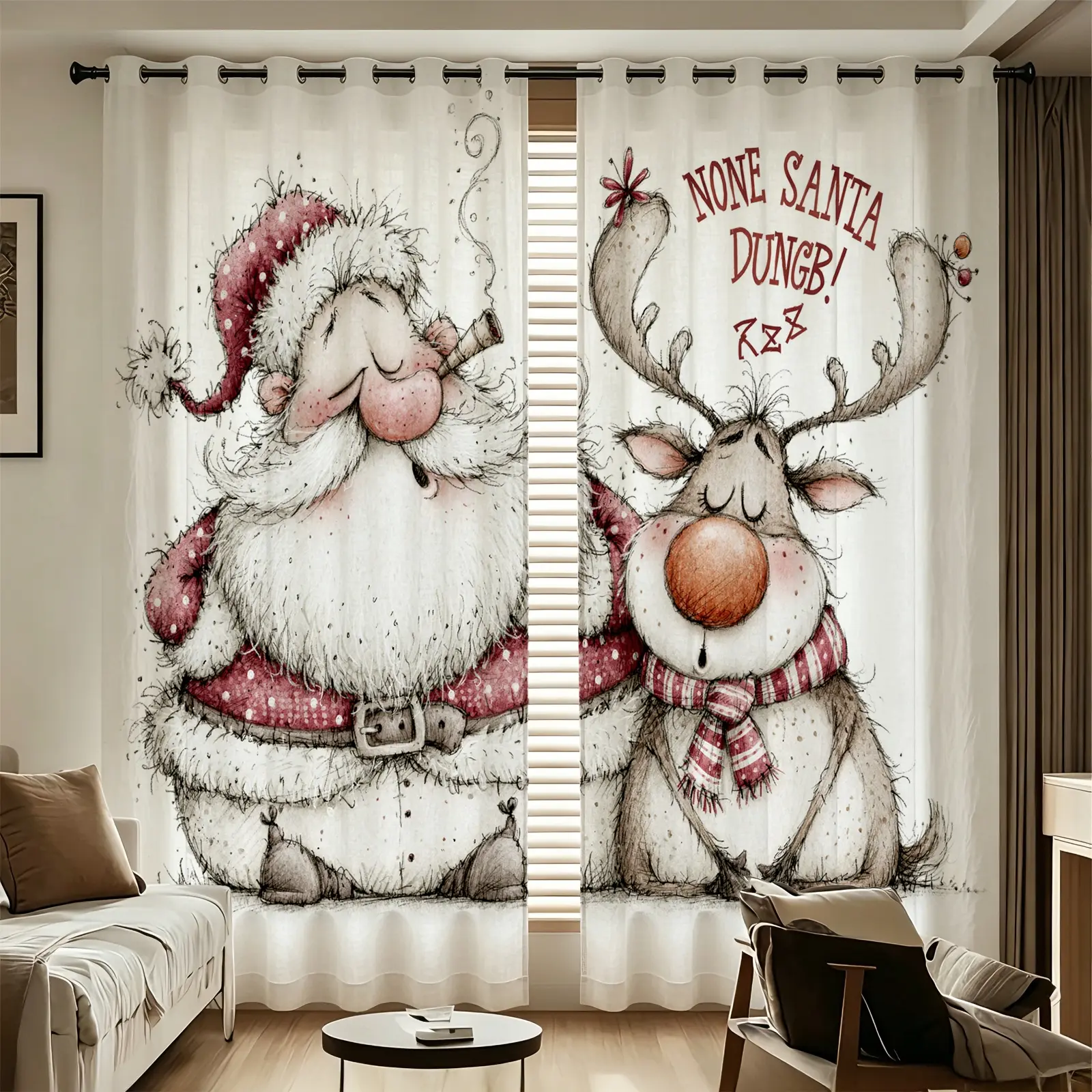 2pcs Curtain set vintage watercolor christmas santa claus and rudolph reindeer printed curtains, featuring 85% light blocking, heat insulation and sun protection, rod pocket design, easy to clean, perfect for living room and bedroom home decor, crea