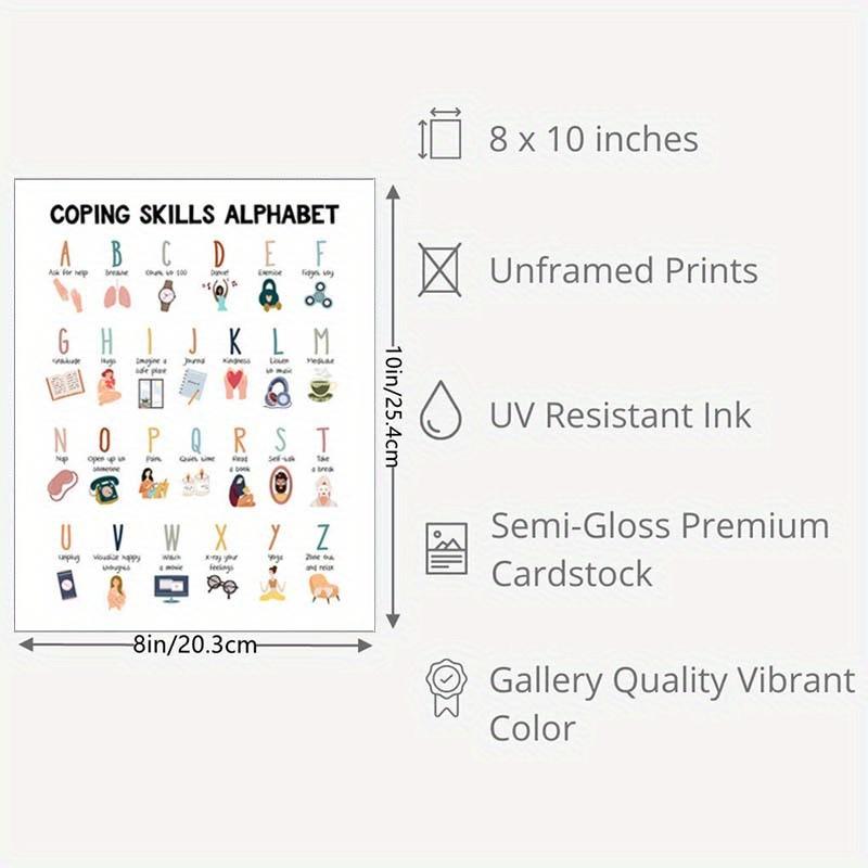 Mindfulness & Self-Care Alphabet Poster - 8x10" Frameless Wall Art for Calm Down Corner, Mental Health Awareness, School Counselor Office Decor, Perfect for Room Decor