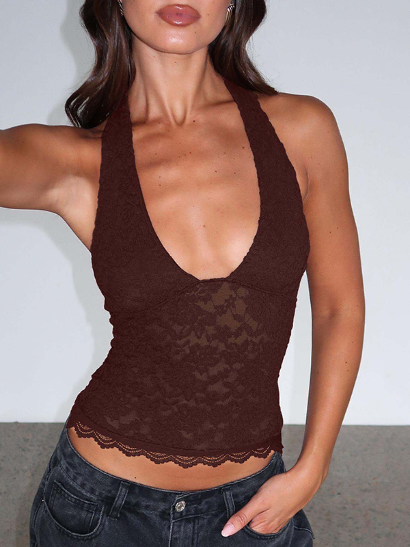 Women's Solid Sheer Backless Halter Neck Top, Fashion Casual Sleeveless Top for Daily Outdoor Wear, Ladies Clothes for All Seasons, Lace Cami Top, Womenswear