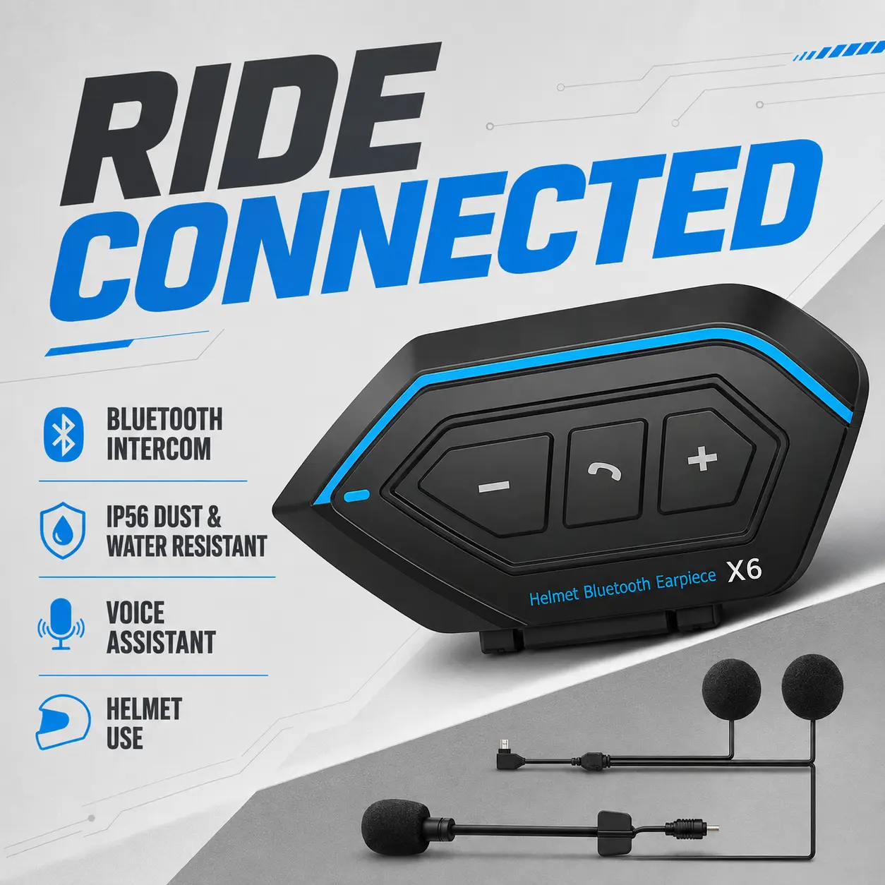 Bluetooth Helmet Communication Headset for Motorcycles with 500M Intercom Range, Waterproof IP56 Protection, Voice Assistant Support, Music Sharing and Clear Hands-Free Calls