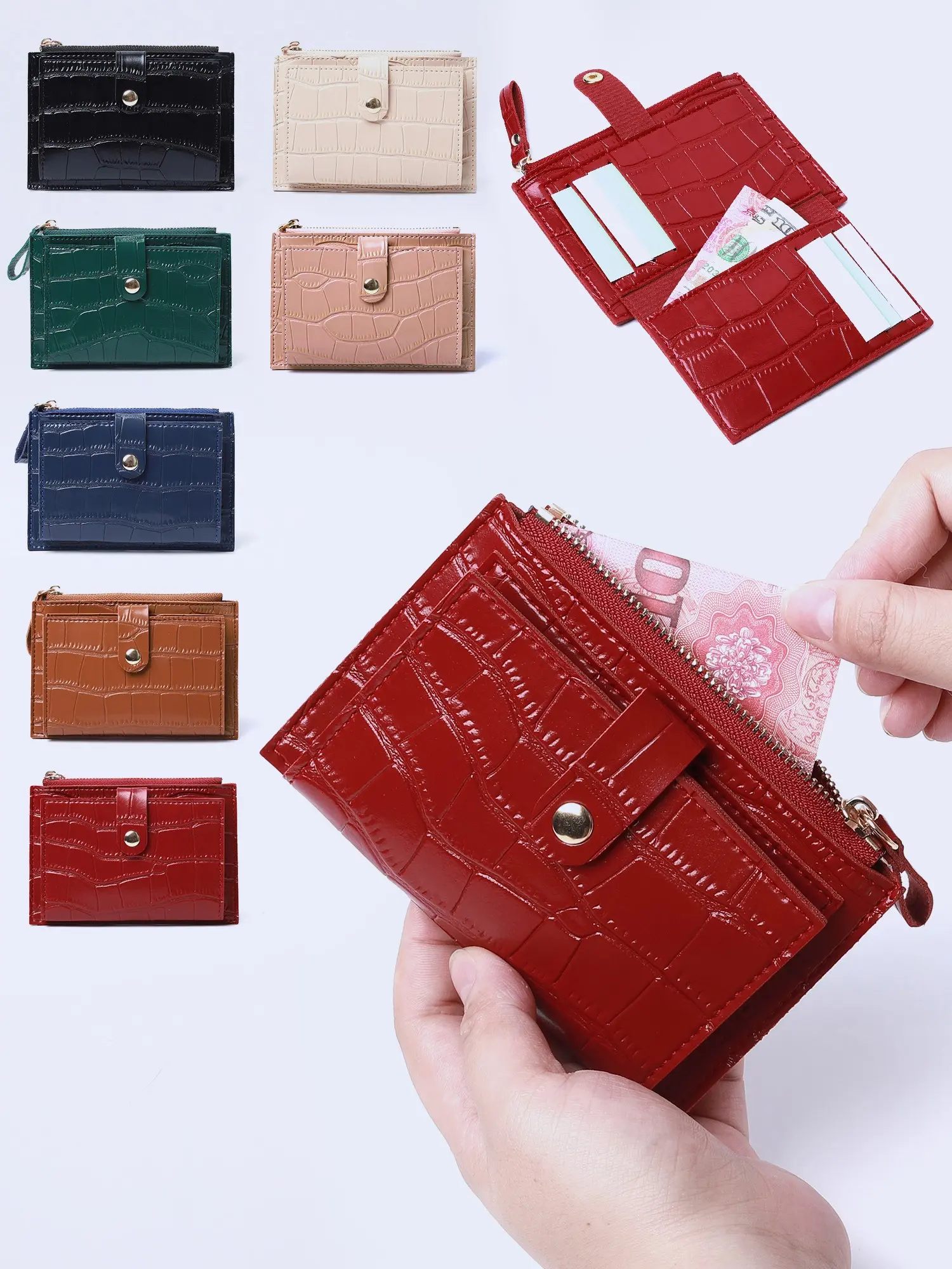 Women's Short Two Fold Small Wallet With Crocodile Pattern, Coin Purse, Zippered Coin Pouch, Snap And Zipper Closure, PU Leather Material, Multi Slot Card Bag, Compact And Portable Daily Accessories, Ideal Gift, Zipper Wallet Design