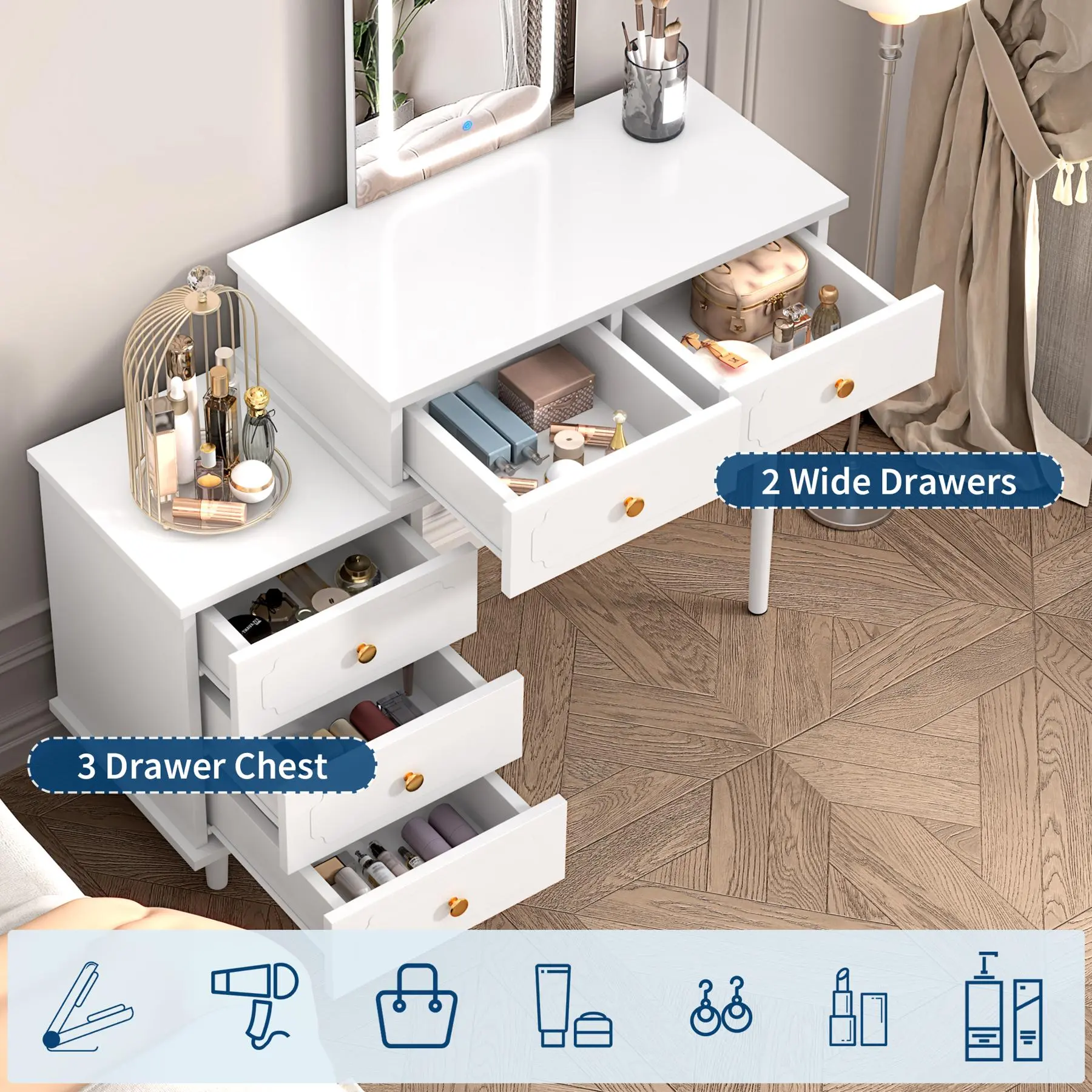 Modern Rectangular Makeup Vanity Desk - LED Lighted Mirror, 2 Drawers, Adjustable 3-Drawer Cabinet, Space-Saving Bedroom Dressing Table with Cosmetic Storage