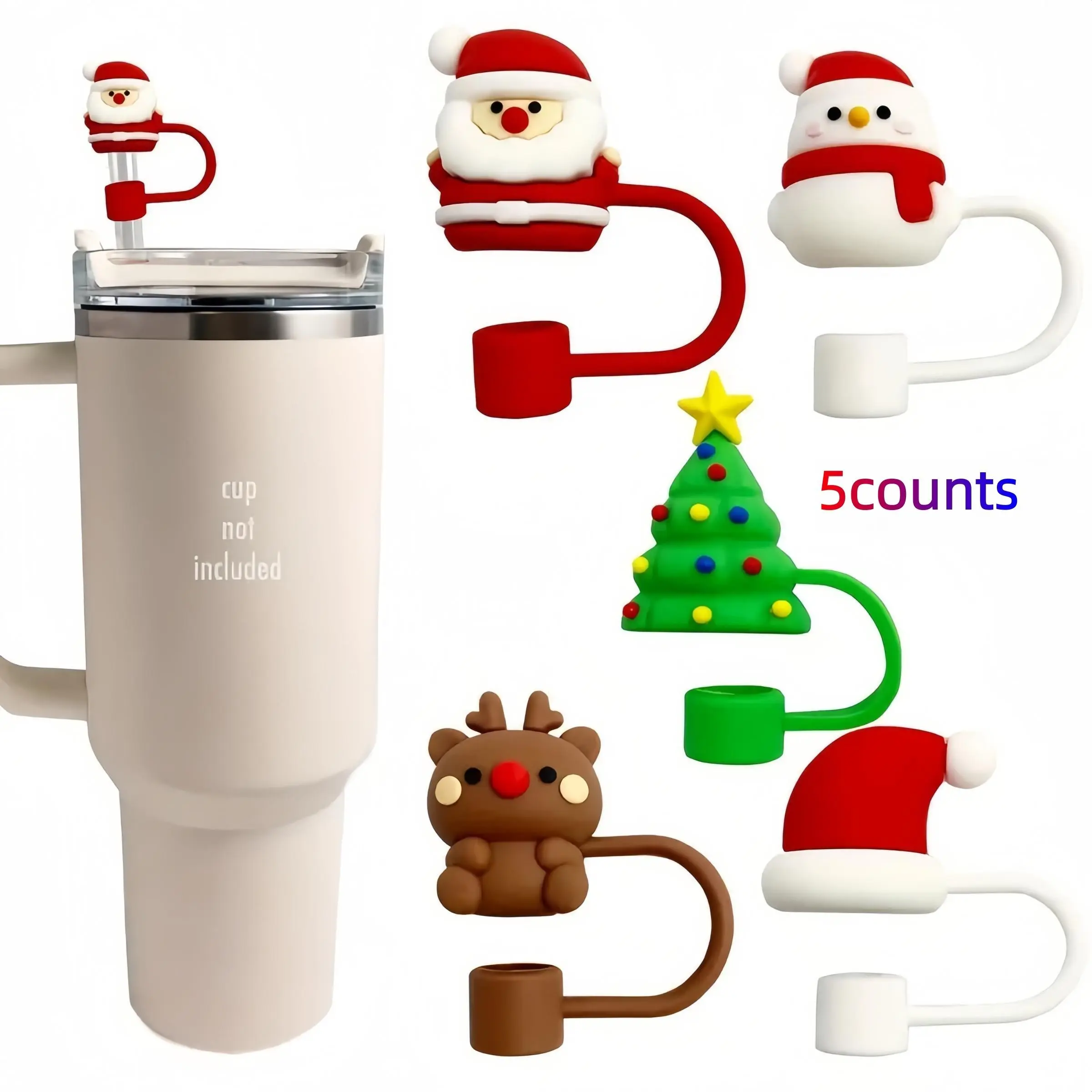 5pcs Christmas Straw Covers, Fun Cartoon Party Straw Caps, Soft Gel 8-10mm, Dustproof, for Sports Bottles, Holiday Gift