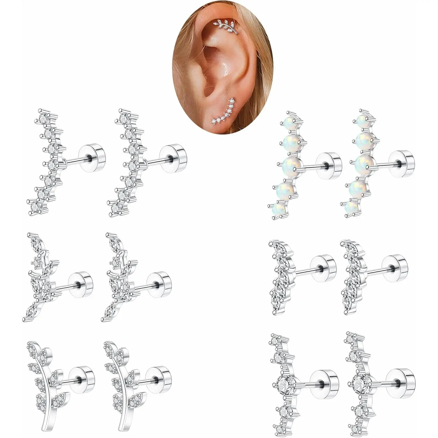 12PCS Cartilage Earrings Helix Piercing for Women – Hypoallergenic Surgical Steel Flat Back Opal CZ Studs, Dainty Tragus Conch Earring Set, Silver Piercing Jewelry Gift
