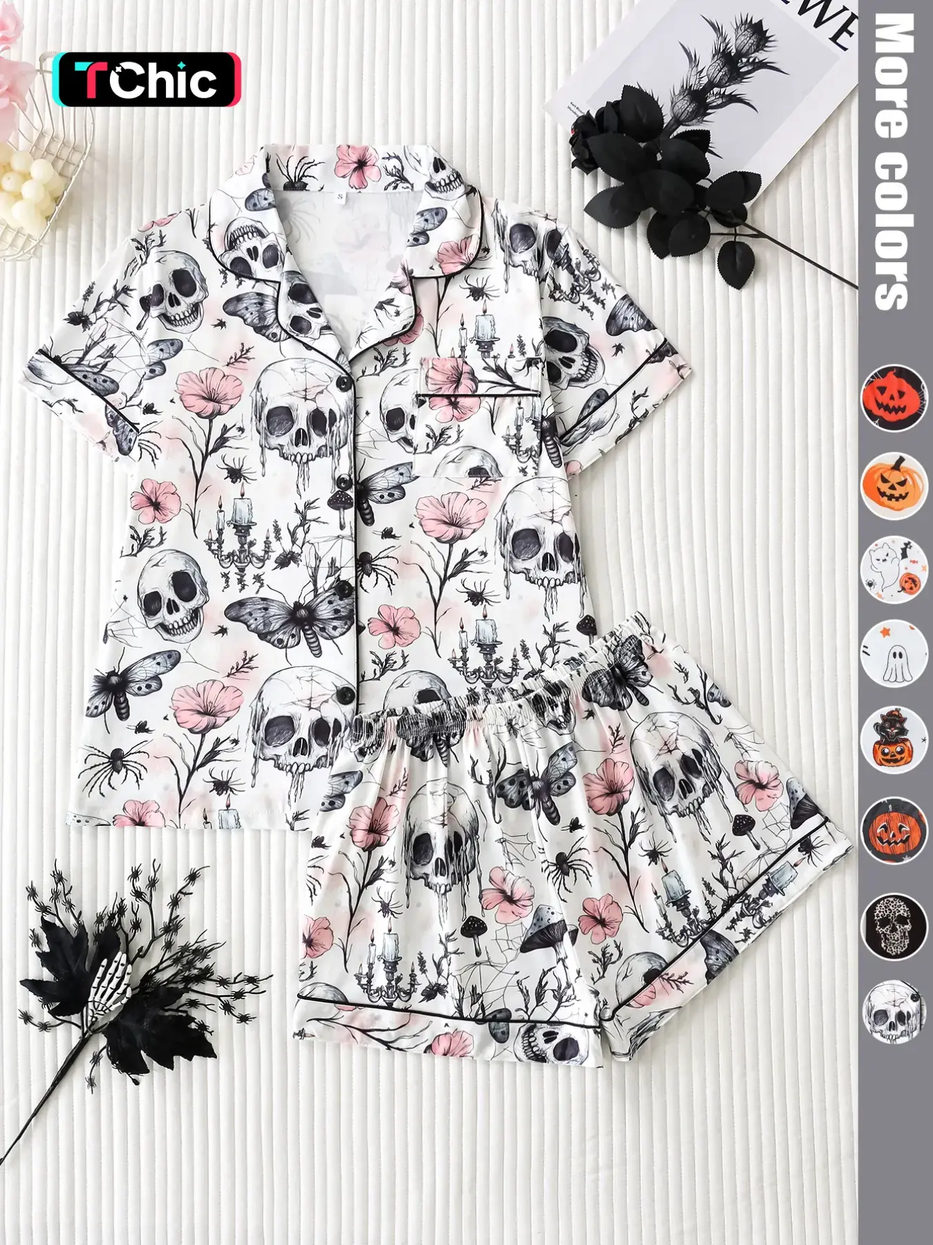 Halloween Skull Floral Print Women's Pajama Set, Nightwear Loungewear Set, Fitted Short Sleeve Top and Loose Shorts, Elegant Dark Style Sleepwear for All Seasons