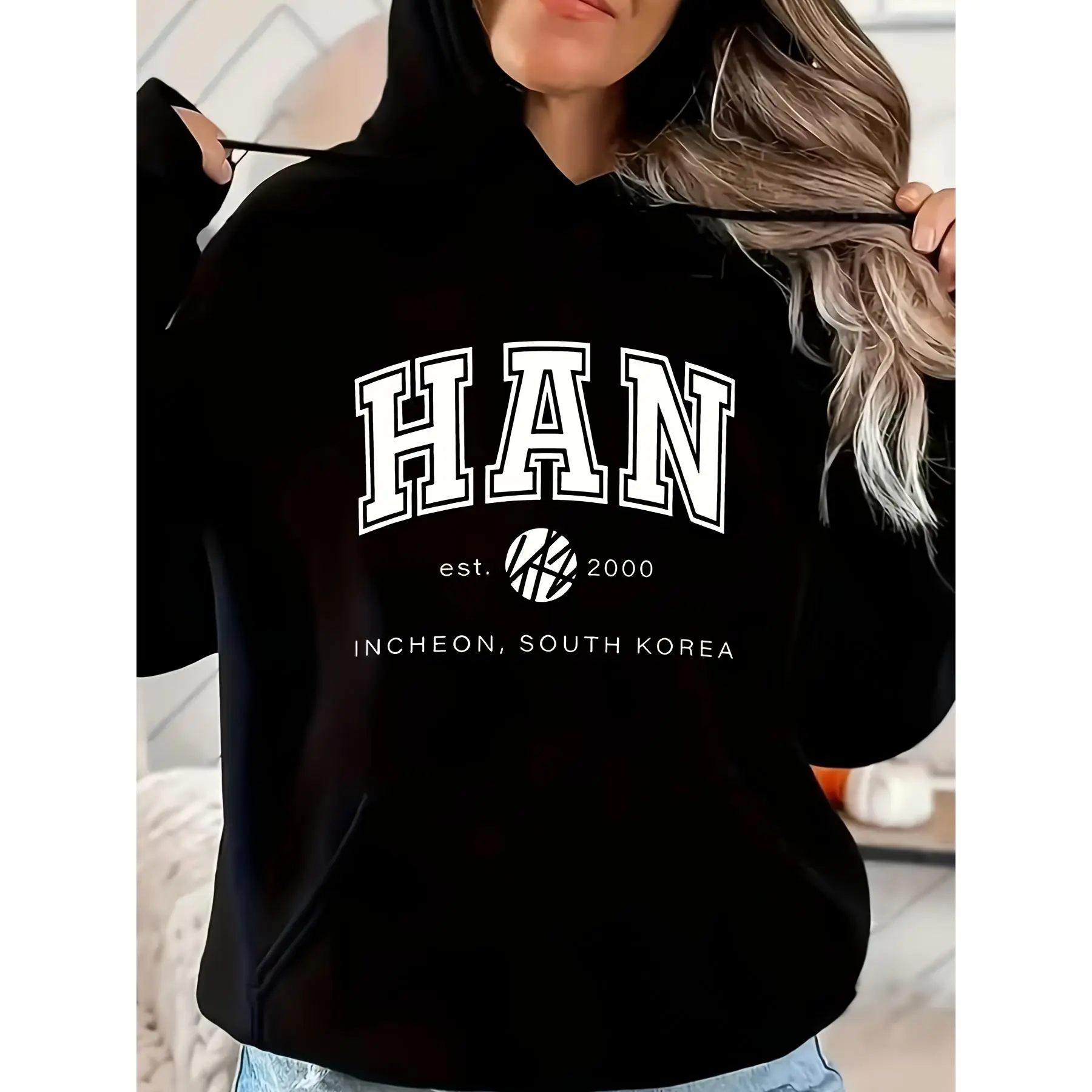 Women'S Stylish HAN Pen Print Hooded Sweatshirt - Comfortable All-Year Sweaters with Hood, Machine Washable Cozy Sweater for Blouses & Skirts