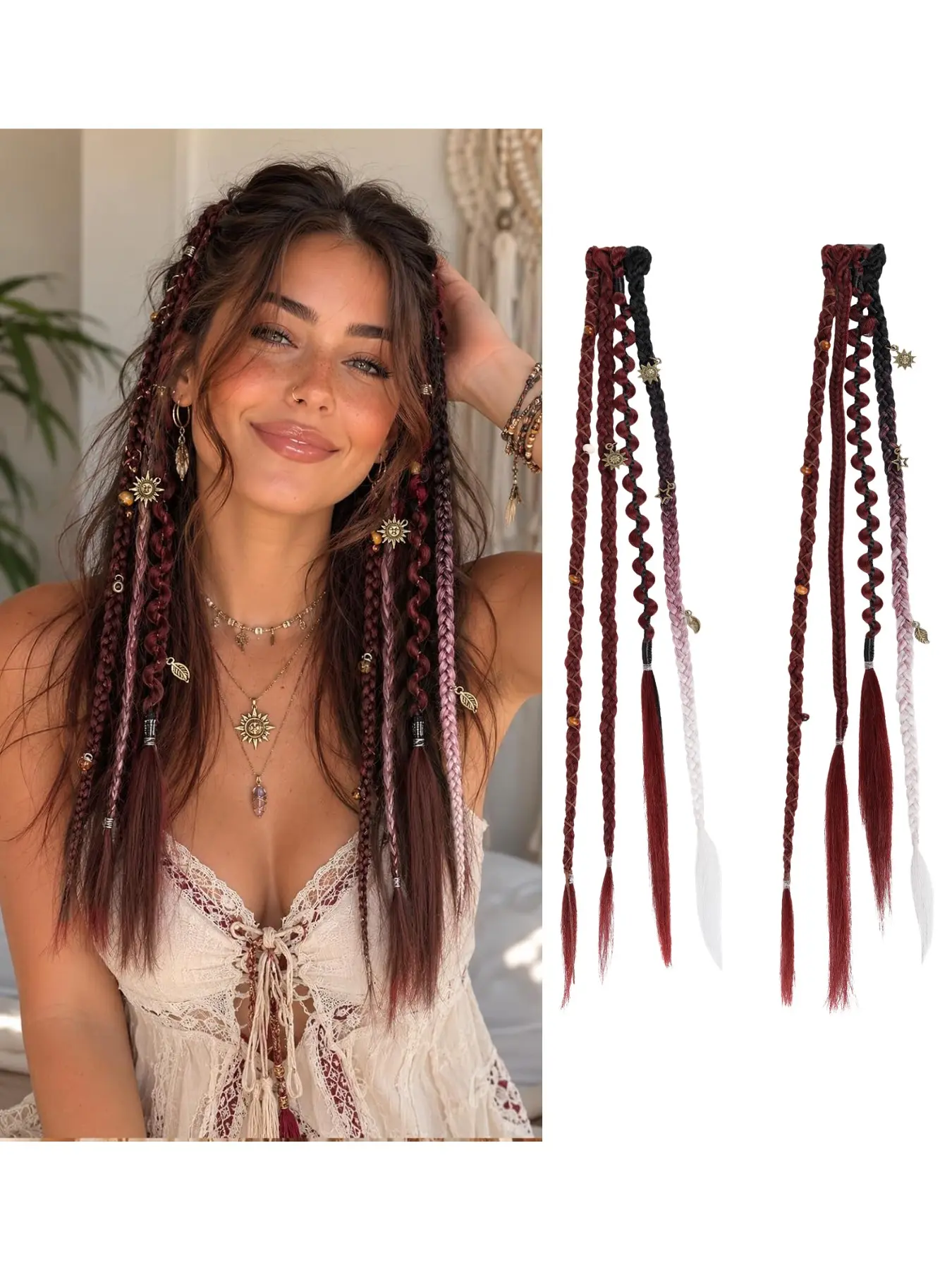 20 inch women's Bohemian goddess braid clip style hair extensions, lightweight synthetic fiber long braids with decorative beads, easy to DIY instant hairstyles, summer trendy hippie Y2K holiday accessories