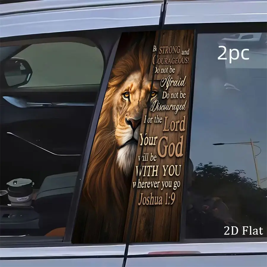 2pcs Lion of Judah Christian Car Pillar Stickers, Joshua 1:9 Bible Verse Religious B-C Pillar Decals, "Be Strong and Courageous" Faith Car Decor, Waterproof and Fade-Resistant Vinyl Film, Universal Spiritual Exterior Decoration, Scripture Car