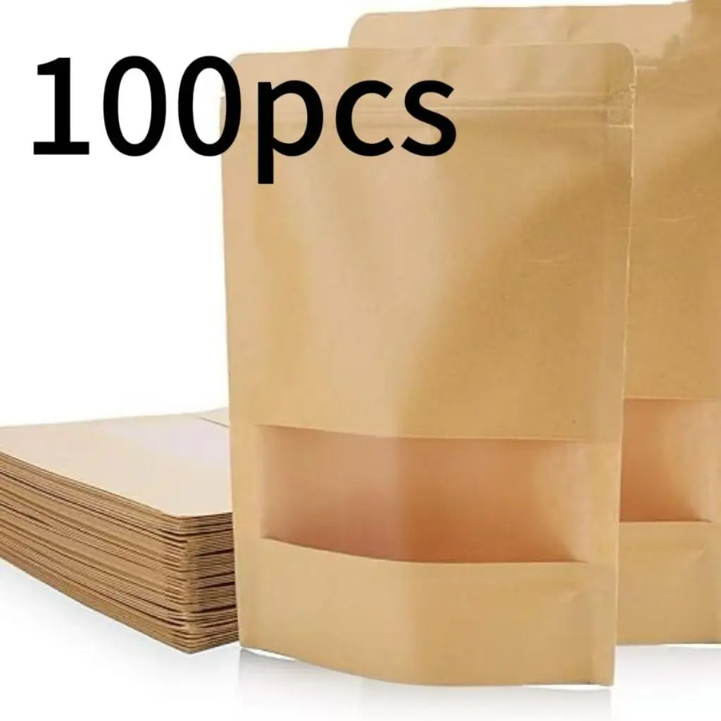 50/100 Kraft Paper Stand-Up Bags, Food Grade Moisture-Proof Tea Sealed Bags, Reusable Zipper Pouches, Resealable Zipper Bags for Nuts Grains Dried Fruits