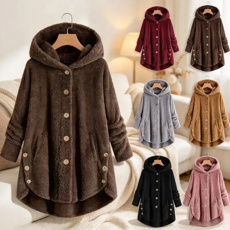 Women's Winter Plush Crew Neck Jacket, Trendy Euro-American Asymmetric Button Outerwear, Breathable Soft Casual Sporty Loose Fit Coat, Stylish Layering Piece for Daily Commute, Weekend Outings & Cold Weather Streetwear