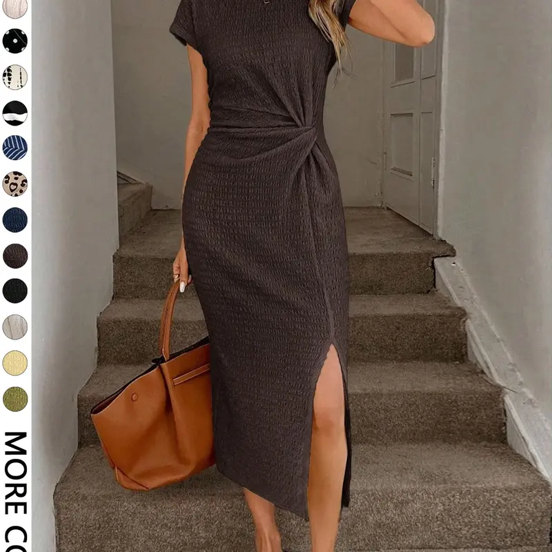 Elegant Waist Twist High Slit Sleeveless Midi Dress, Casual Apricot Textured Bodycon Fitted Dress, Women's Birthday Outfit, Women's Fitness Set, Women's Wedding Guest Dress, Women's Office Wear,  Graduation Dress, Birthday Dresses, Minimalist Basic