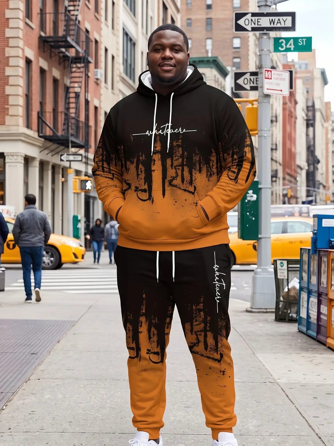 Men's Gradient Drop Ink Graffiti Sweatshirt Set, Block Spray Paint Print, American High Street Letter Hooded Pants Set