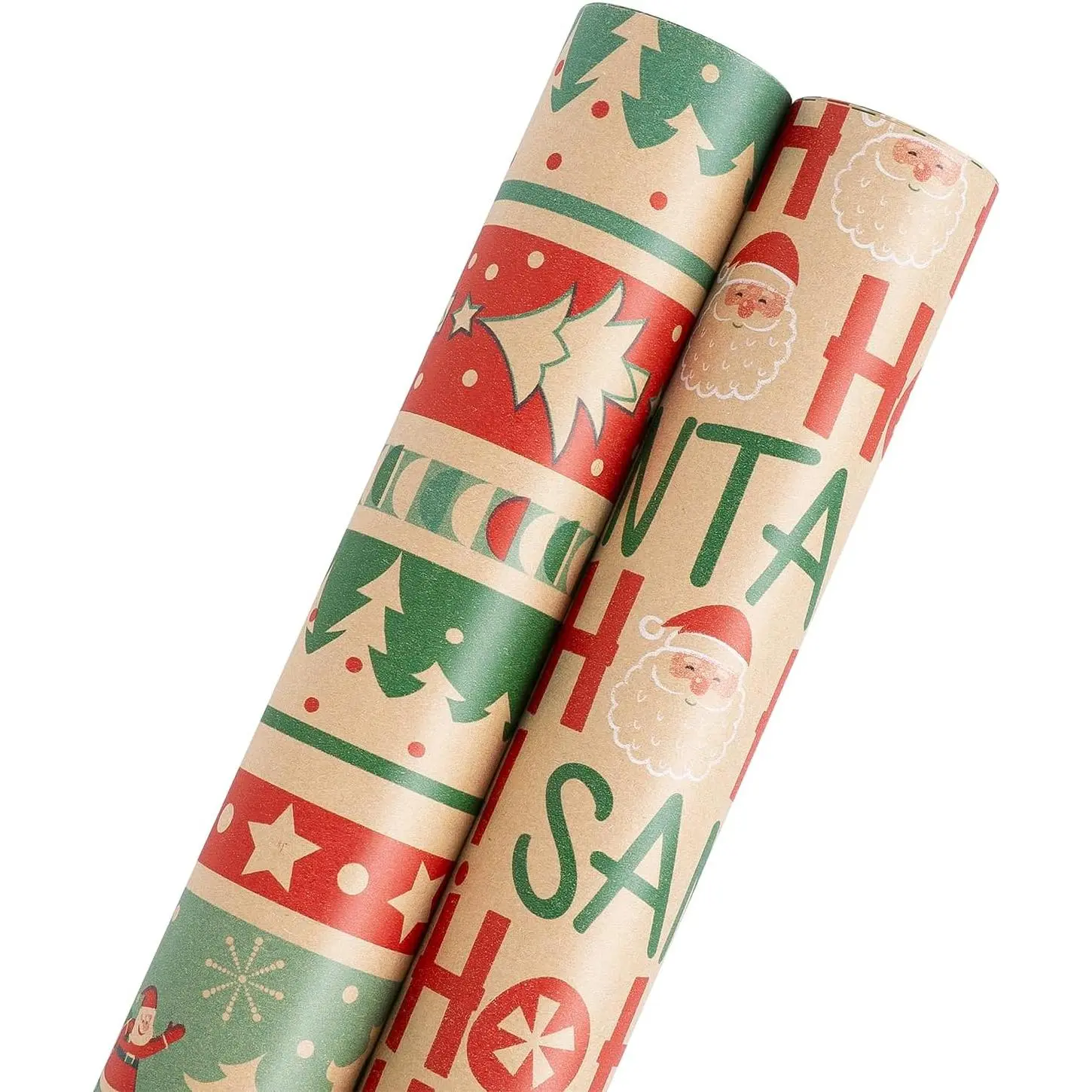 Christmas  Wrapping Paper 2 MIni Rolls,17 Inch x16 Ft |  Brown  Paper with Retro Santa & Tree Prints.  For Holiday Gifts and Party Present Wrapping